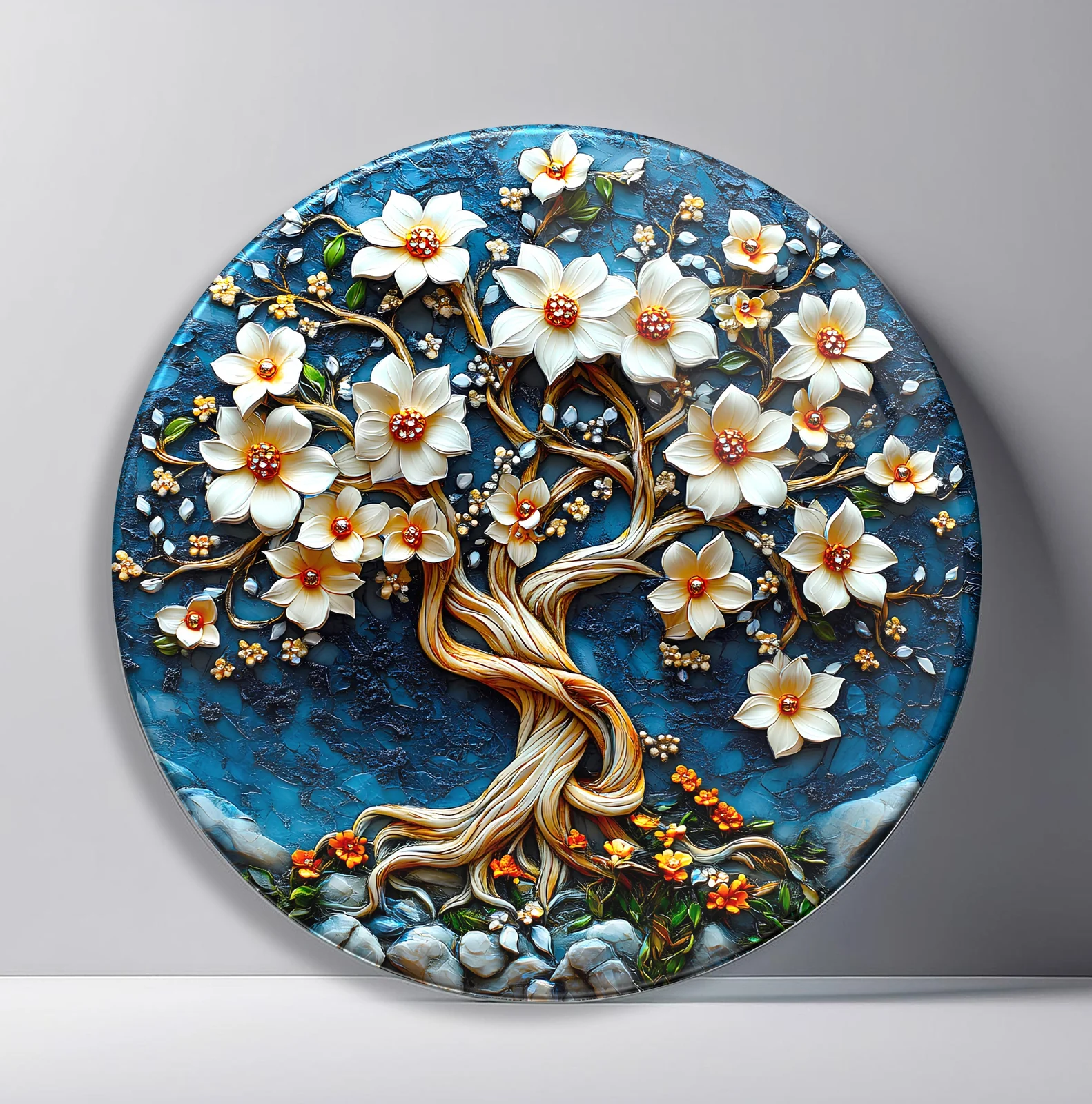 White Blossom Tree on Sapphire Round Glass Wall Art featuring white flowers covering a twisting golden tree against a rich blue background