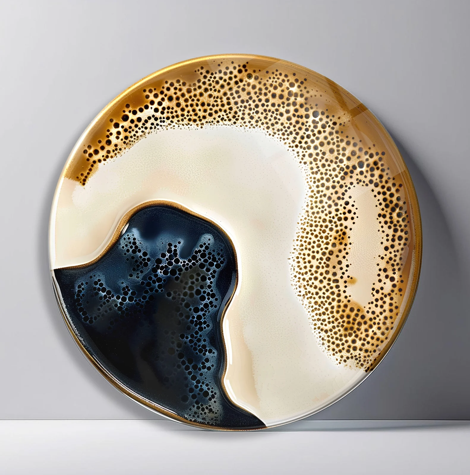 Ivory Black Gold Geode Round Glass Wall Art featuring soft ivory and black organic pools edged with gold cellular texture