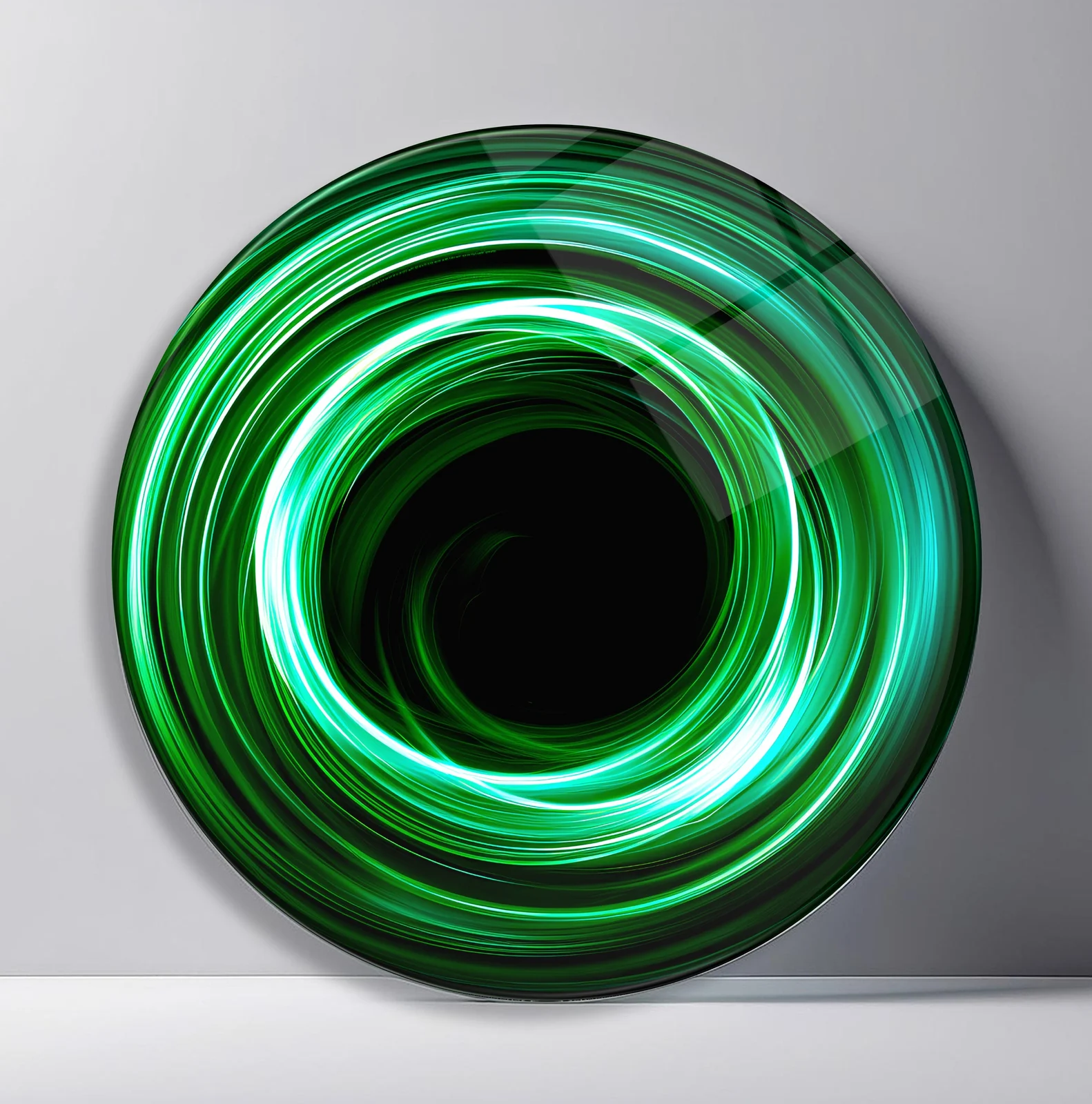 Emerald Light Vortex Round Glass Wall Art featuring bright green light trails swirling around a deep black center