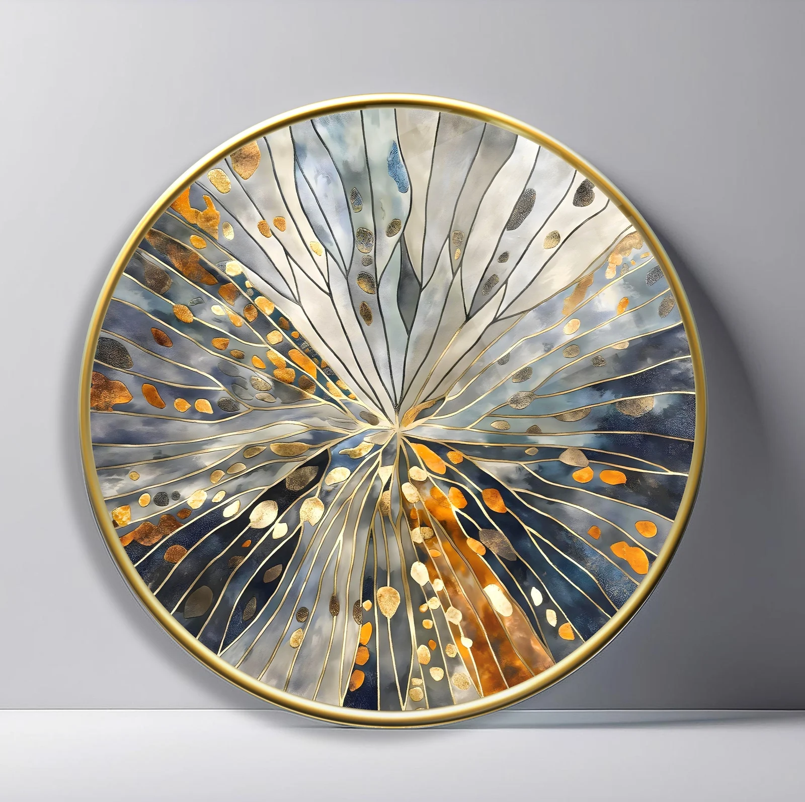 Silver Amber Botanical Burst Round Glass Wall Art featuring fine leaf-like silver rays scattered with warm amber droplets