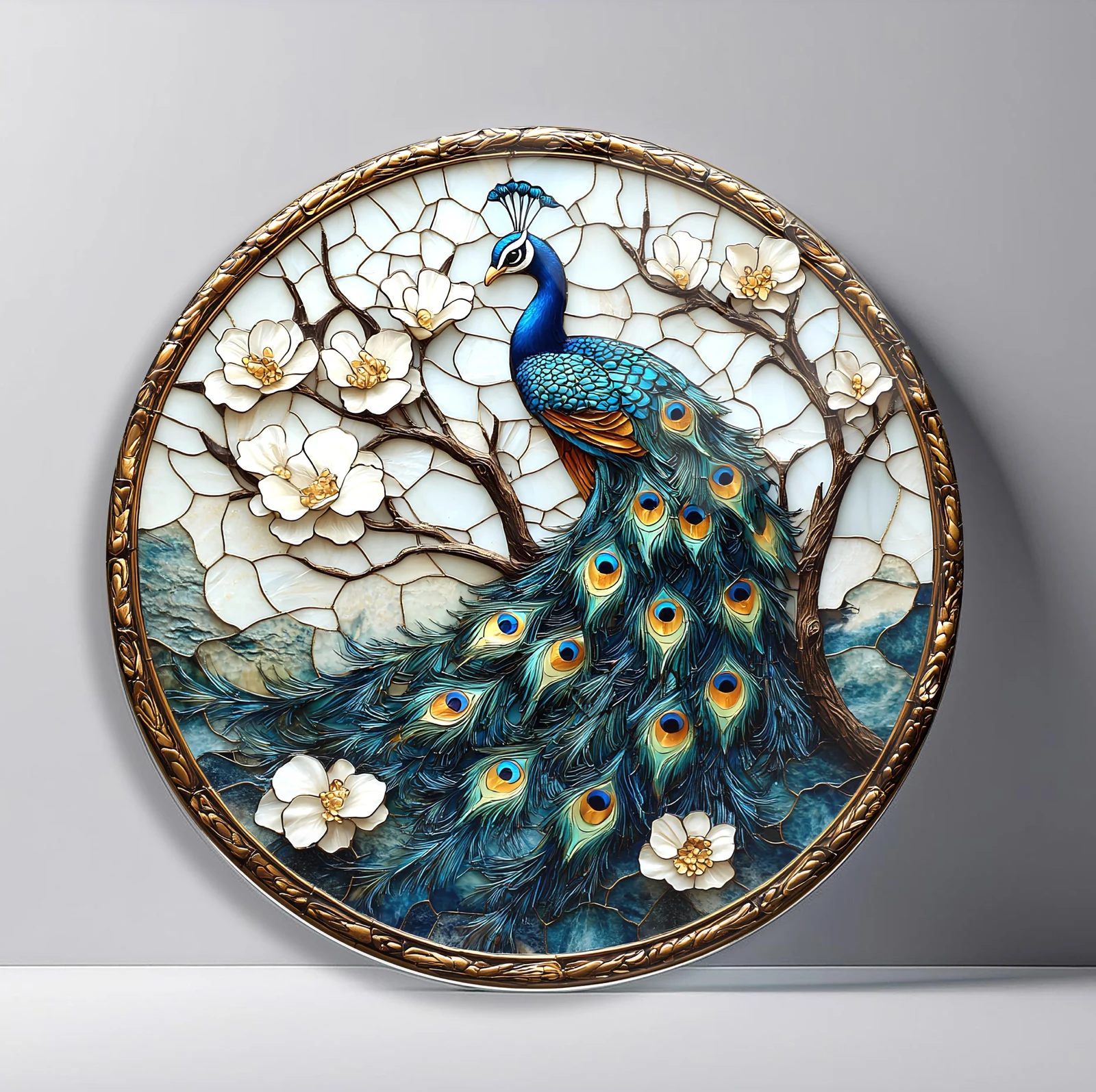 Peacock in an Ivory Blossom Tree Round Glass Wall Art featuring blue peacock with a long textured tail beneath white blossoms