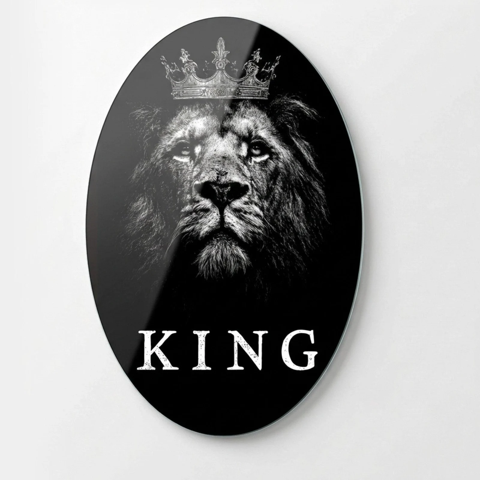 Crowned Lion King Oval Glass Wall Art, front product view on a neutral background