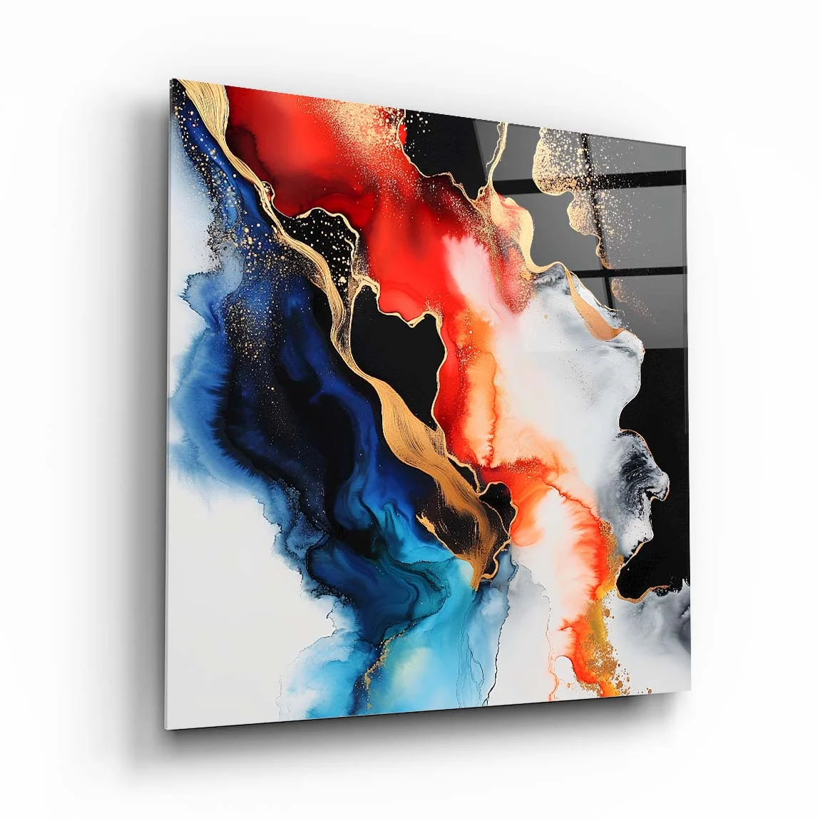 Fire and Ice Marble Flow Square Glass Wall Art, front angled view
