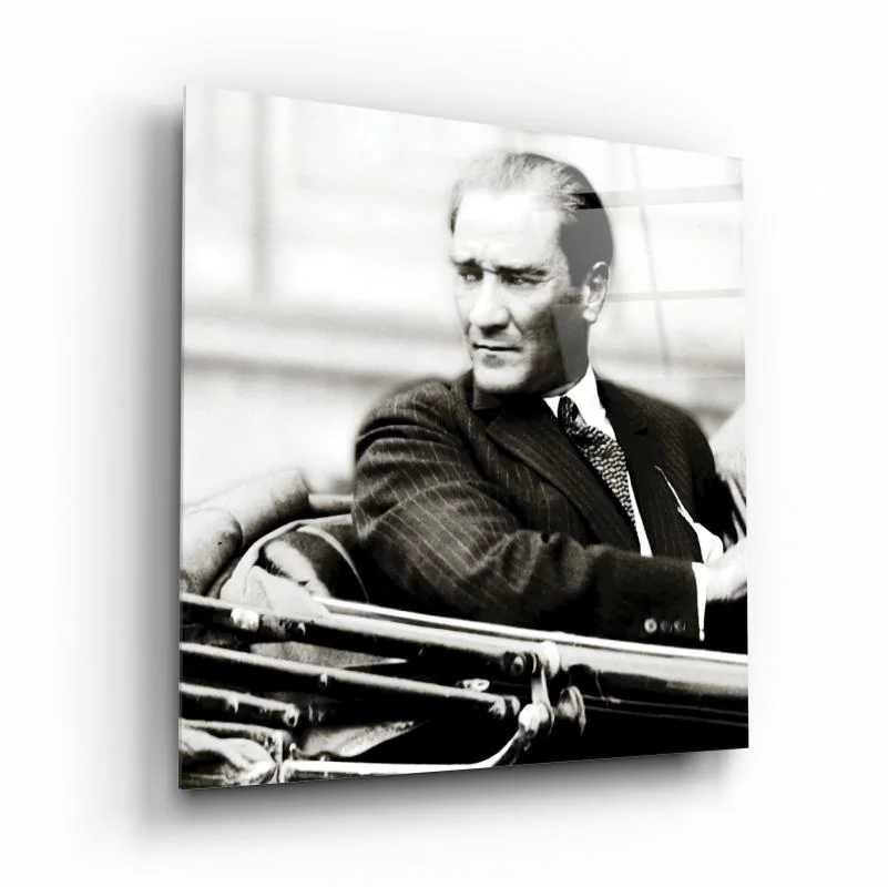 Ataturk in an Open Car Square Glass Wall Art, front angled view