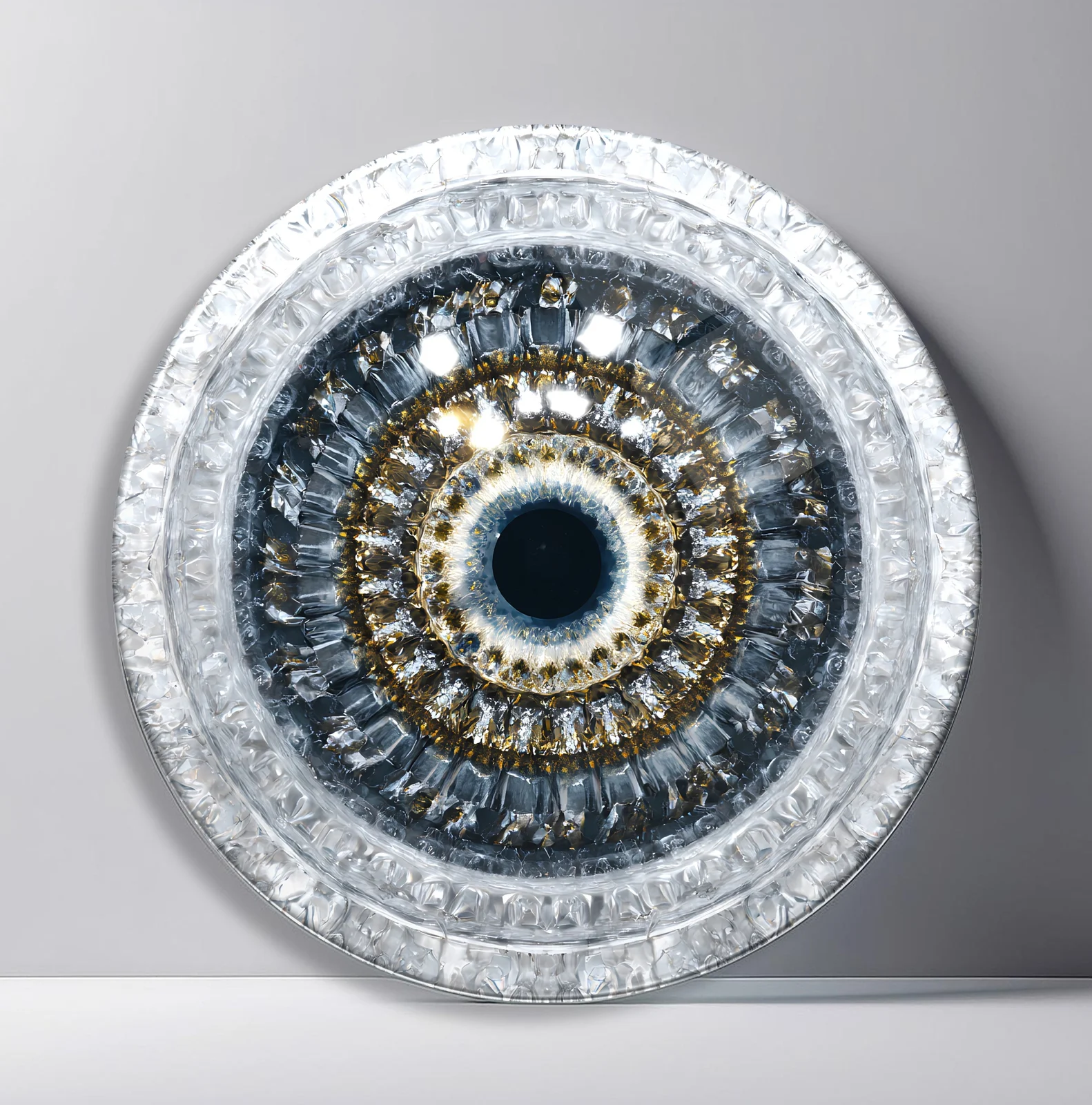 Silver Sapphire Crystal Eye Round Glass Wall Art featuring concentric crystal rings surrounding a dark sapphire center