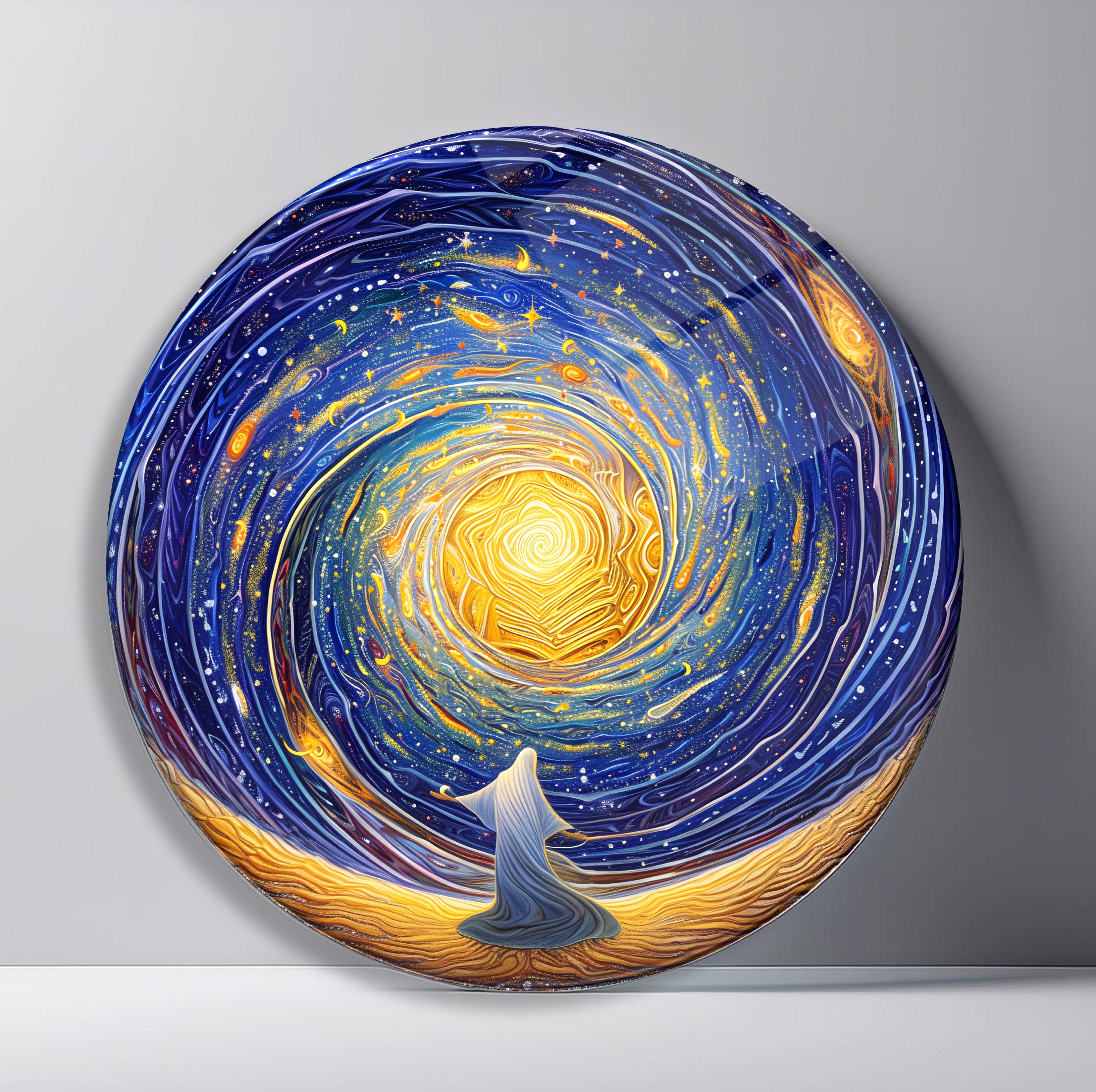 Golden Starry Night Vortex Round Glass Wall Art featuring luminous gold whirlpool spiraling across a deep blue starry sky