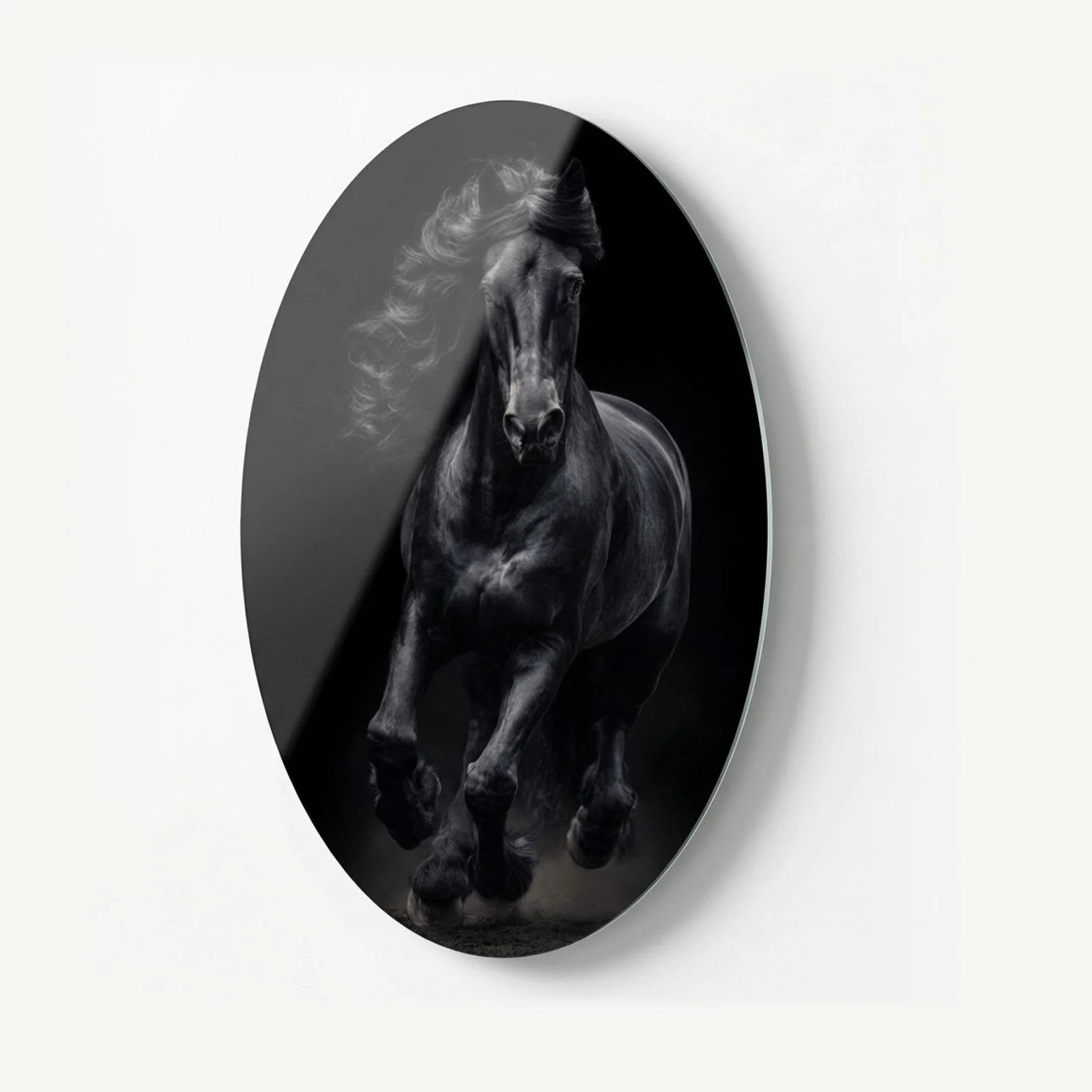 Black Friesian Horse Oval Glass Wall Art, front product view on a neutral background