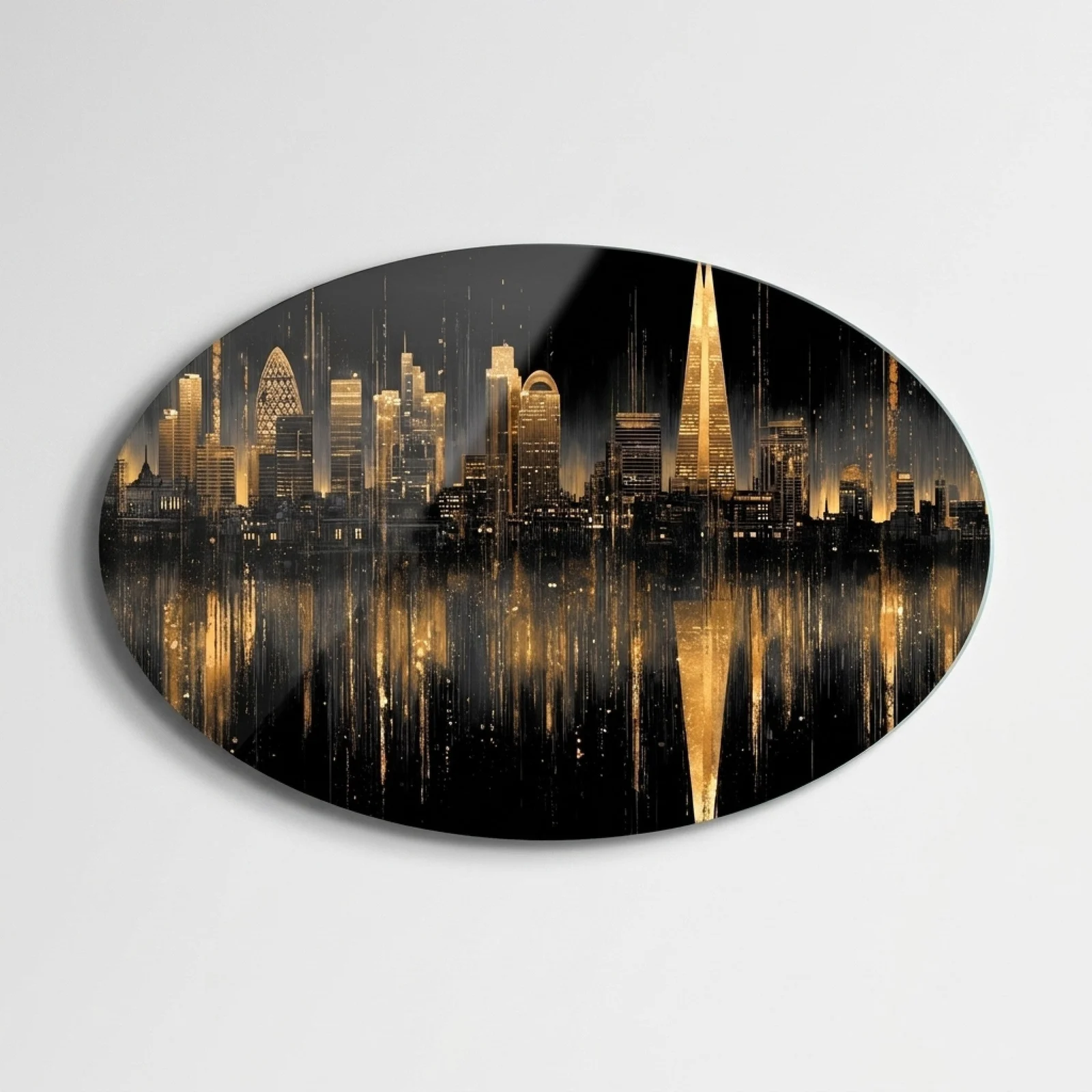 Golden London Skyline Horizontal Oval Glass Wall Art, front product view on a neutral background