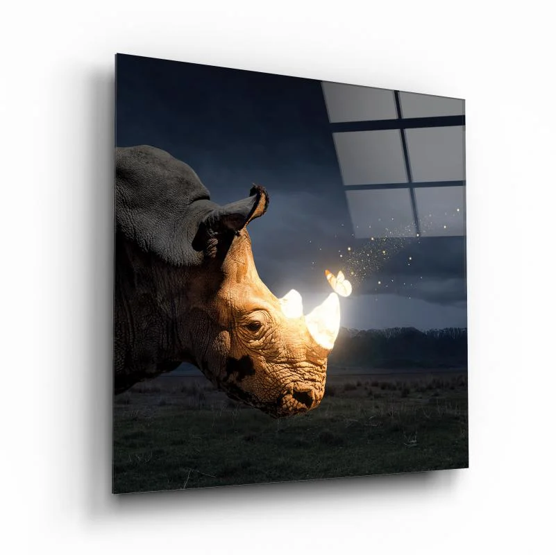 Rhino Beneath the Moon Square Glass Wall Art, front angled view