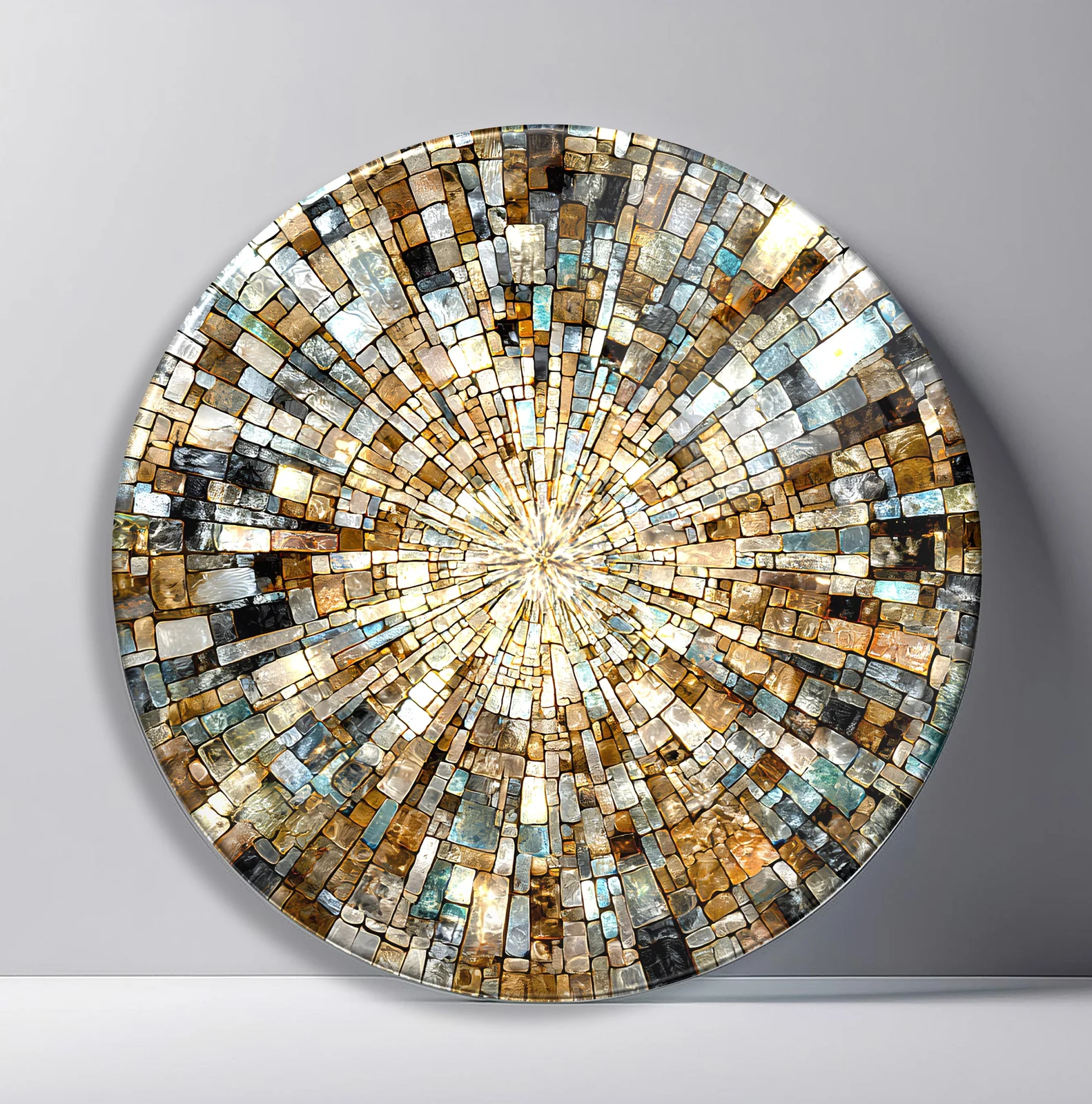 Desert Stone Sunburst Round Glass Wall Art featuring natural stone-toned tiles radiating from a bright center