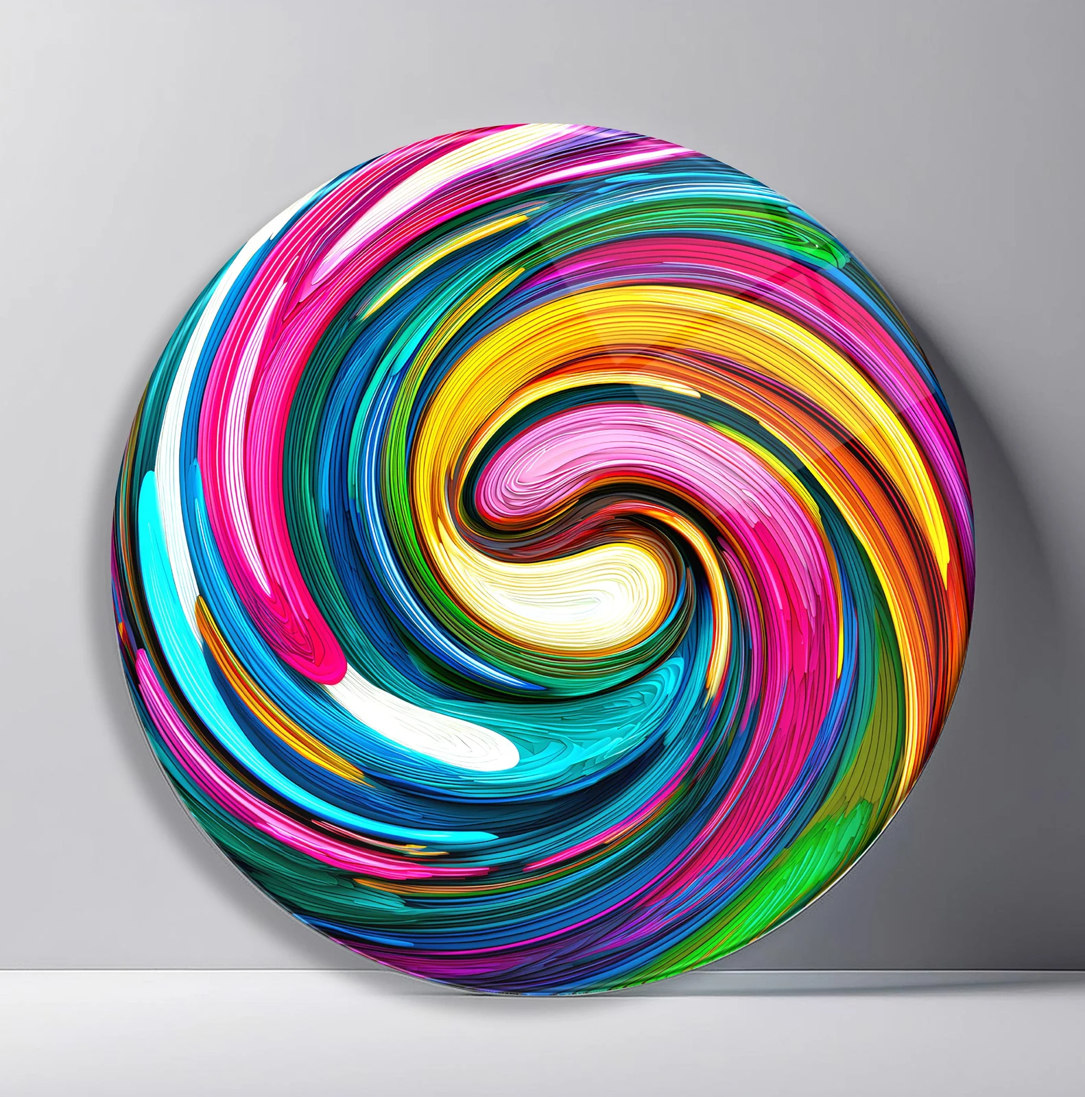 Rainbow Paint Vortex Round Glass Wall Art featuring spiraling ribbons of saturated paint around a bright center