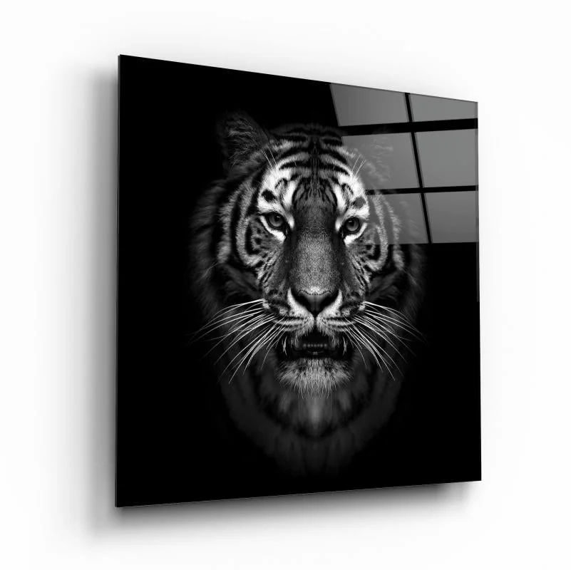 Monochrome Tiger Portrait Square Glass Wall Art, front angled view