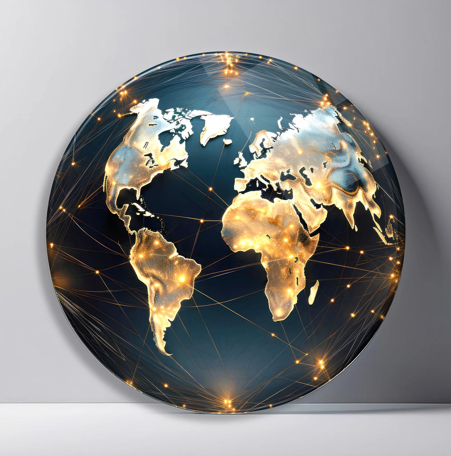 Illuminated World Map Round Glass Wall Art featuring gold world map glowing across a dark teal network globe