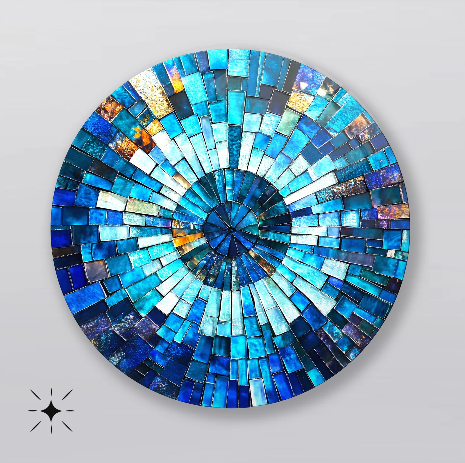 Blue Prism Sunburst Round Glass Wall Art featuring radiating rectangular blue glass pieces around a faceted center