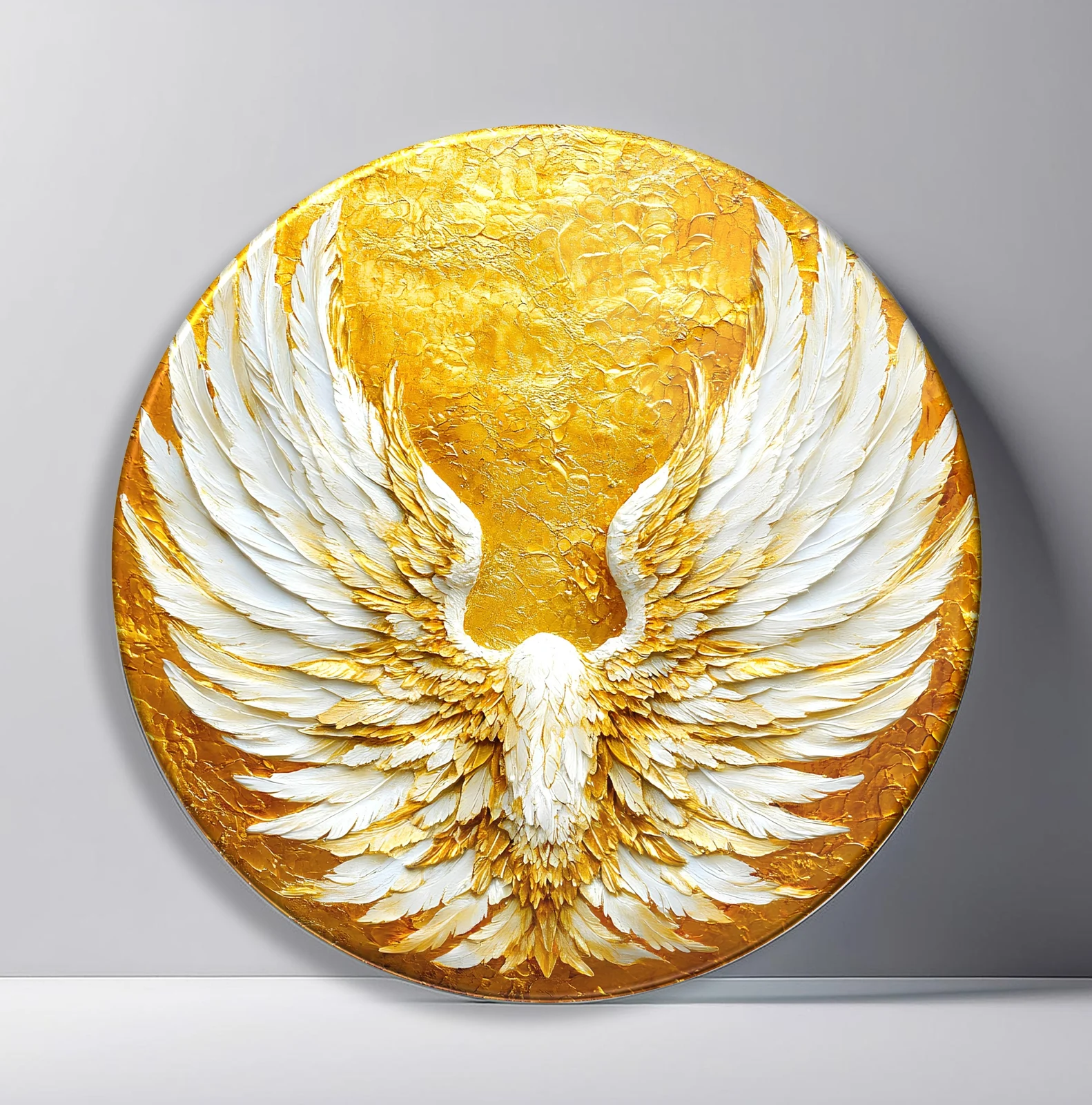 Golden Guardian Wings Round Glass Wall Art featuring large white feathered wings opening across a textured gold field