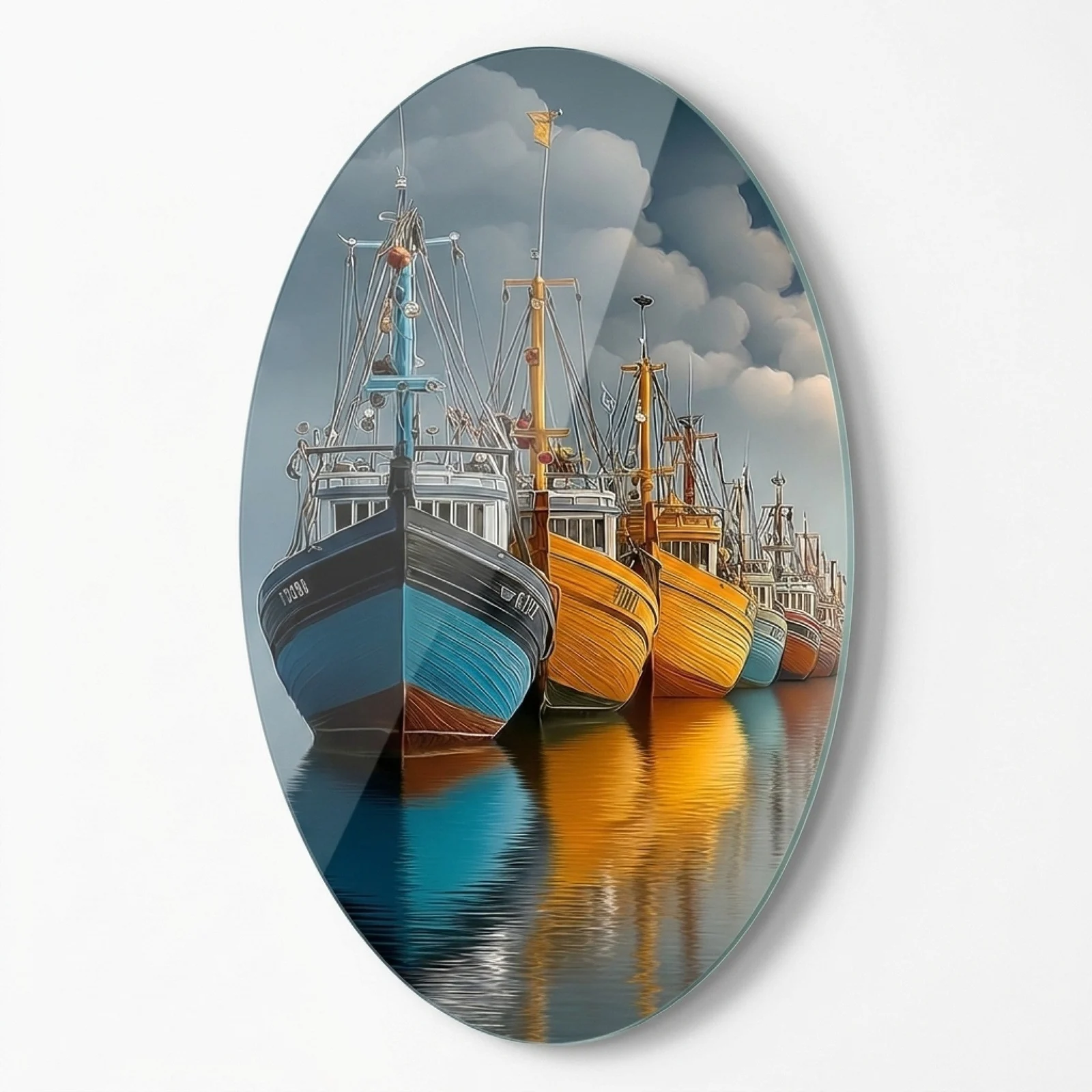 Colorful Fishing Boats Oval Glass Wall Art, front product view on a neutral background