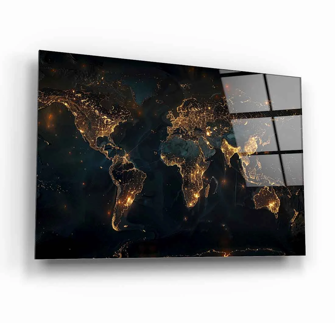 Gold World Map Tempered Glass Wall Art, primary product view, model S10283611291939
