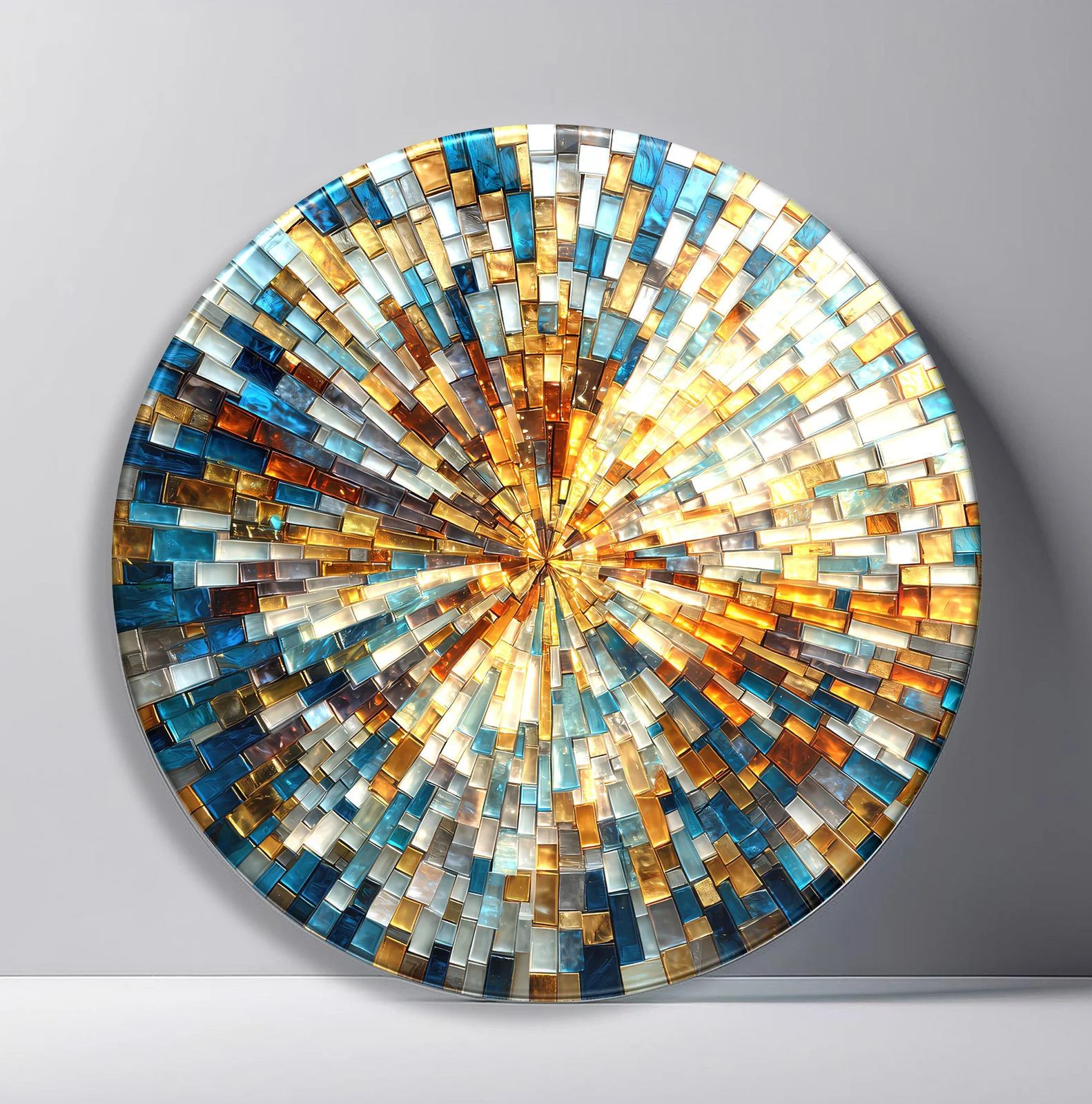 Golden Harbor Mosaic Radiance Round Glass Wall Art featuring fine glass strips in blue, ivory, and gold spreading from the center