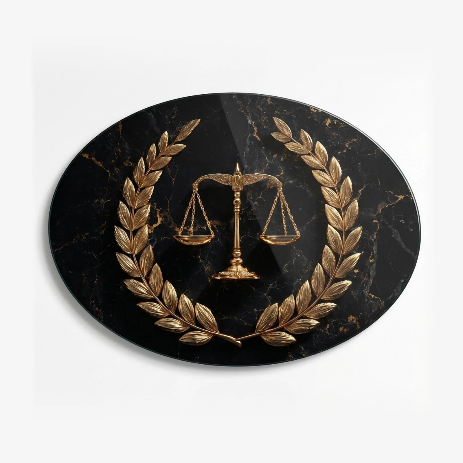 Gold Scales of Justice Horizontal Oval Glass Wall Art, front product view on a neutral background