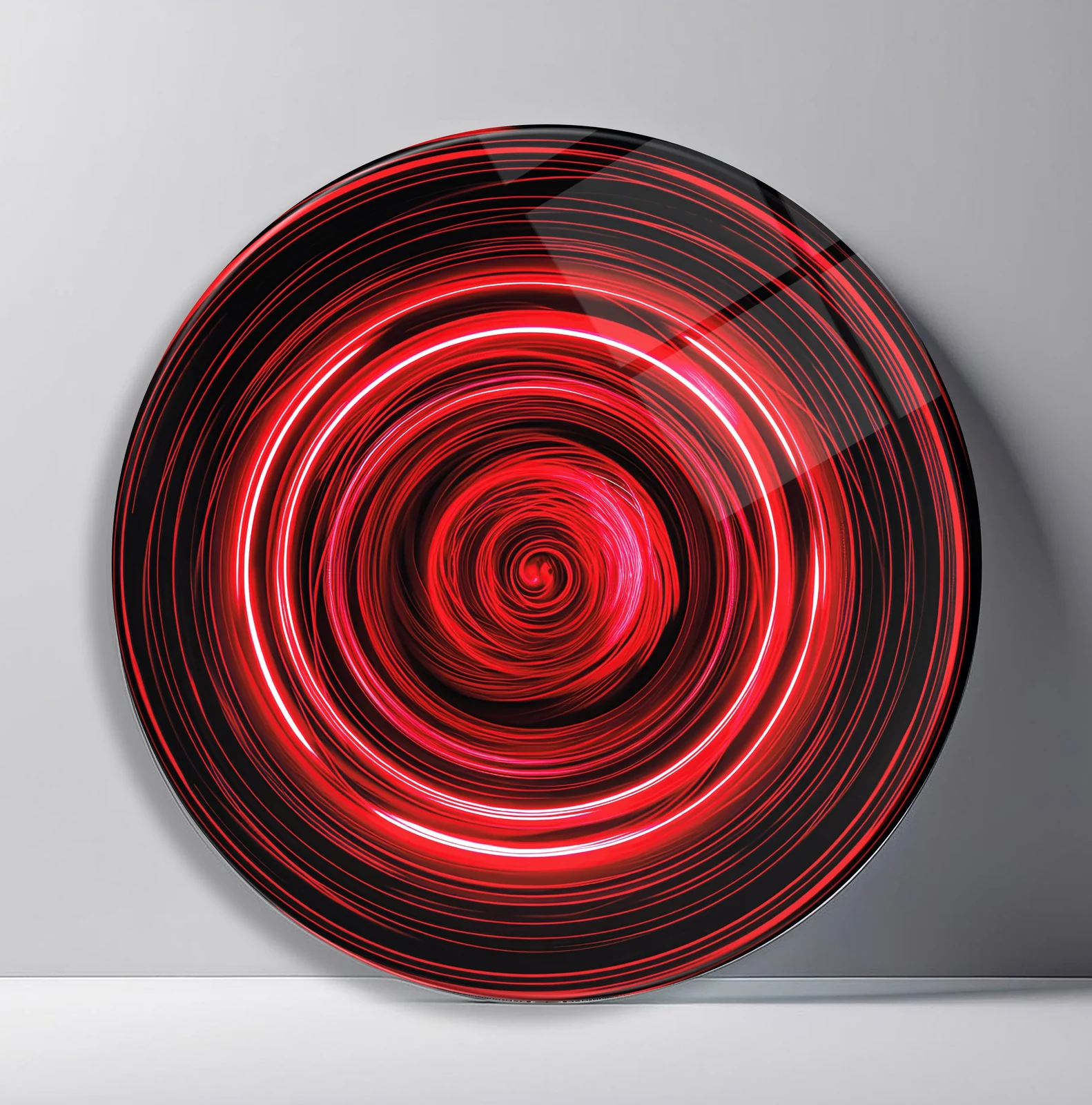 Crimson Light Vortex Round Glass Wall Art featuring red and pink light trails spinning into a dark central whirl