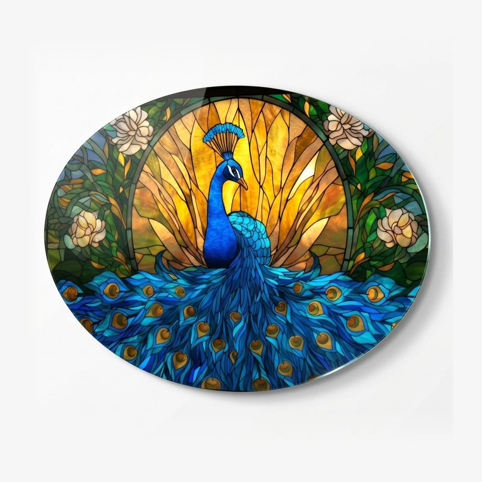 Stained Glass Peacock Horizontal Oval Glass Wall Art, front product view on a neutral background