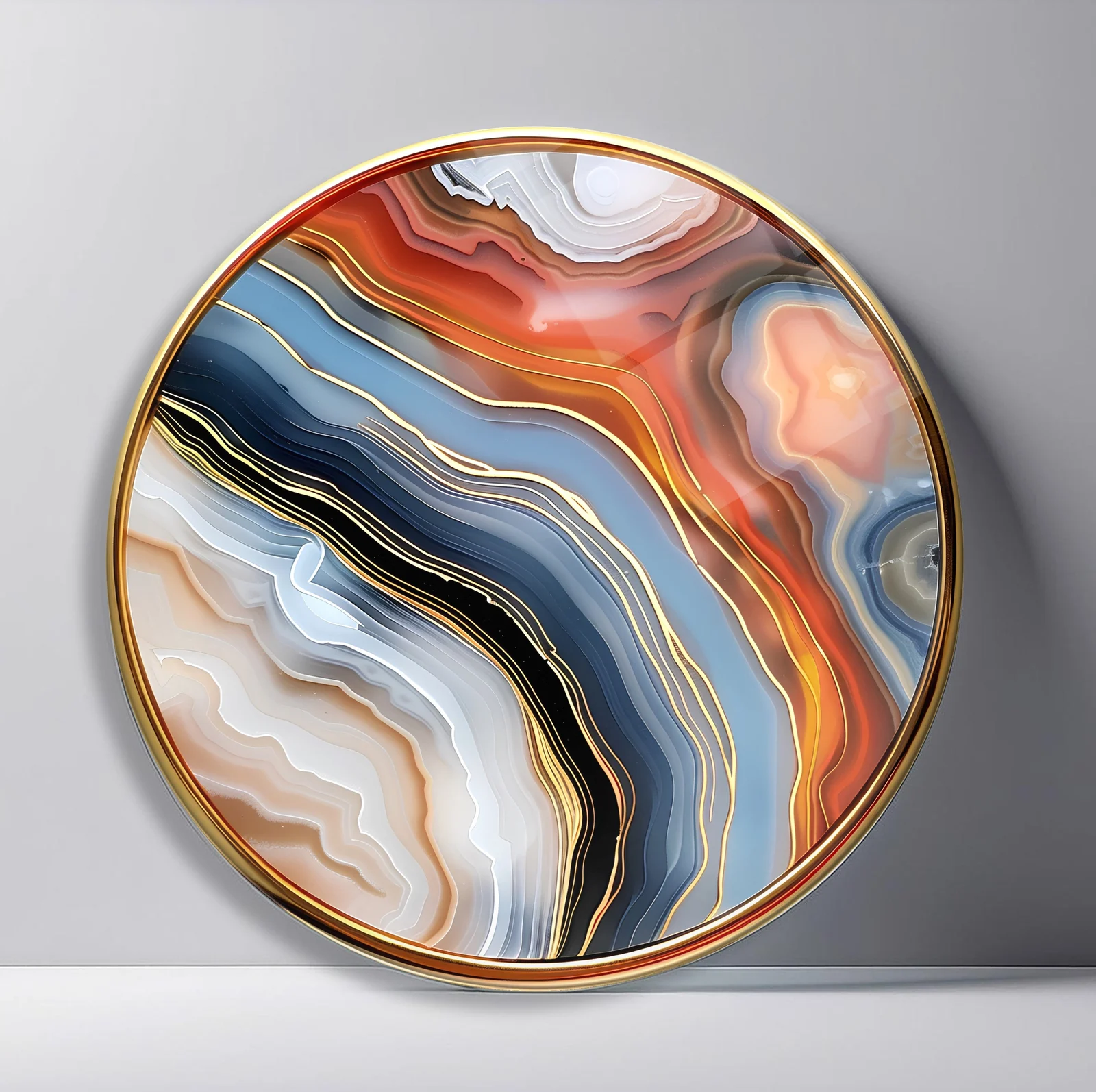 Desert Canyon Agate Round Glass Wall Art featuring flowing mineral strata in rust, slate, cream, and black