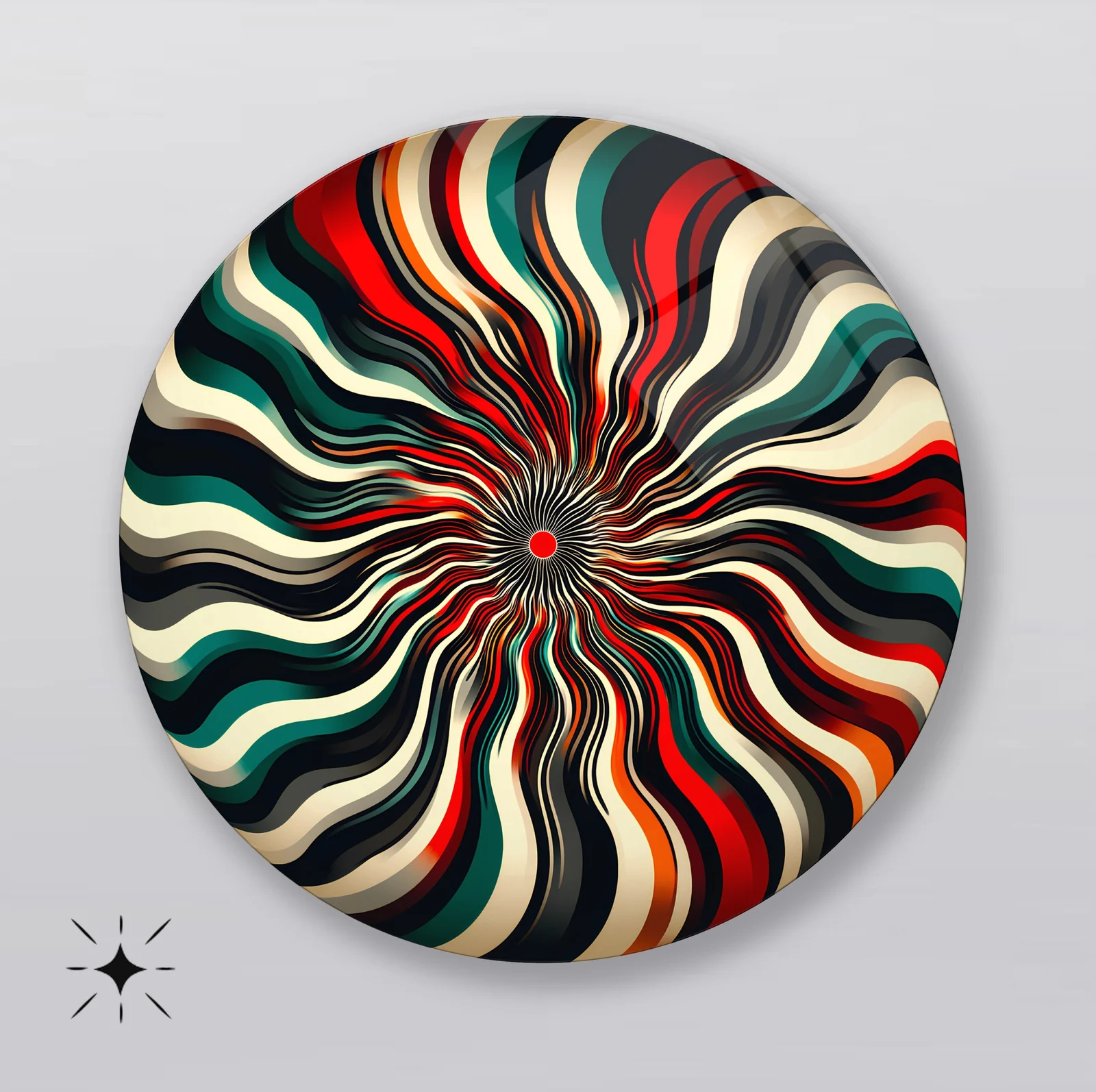 Retro Ribbon Vortex Round Glass Wall Art featuring wavy multicolor stripes rushing toward a red central point