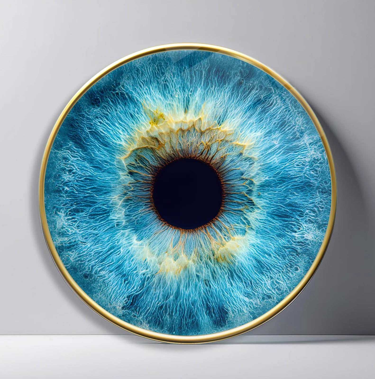 Turquoise Gold Iris Round Glass Wall Art featuring bright aqua iris with warm gold fibers surrounding a dark pupil