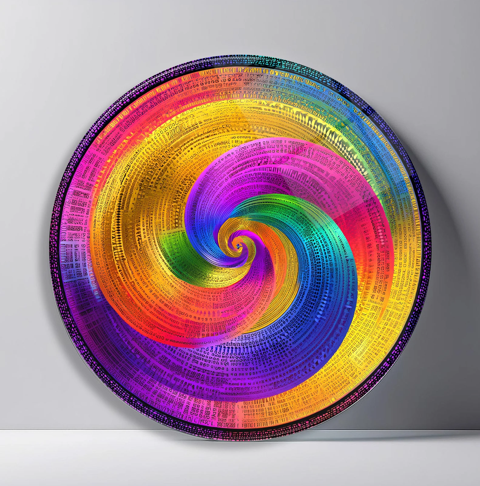 Rainbow Woven Vortex Round Glass Wall Art featuring fine woven color bands twisting into a central spiral