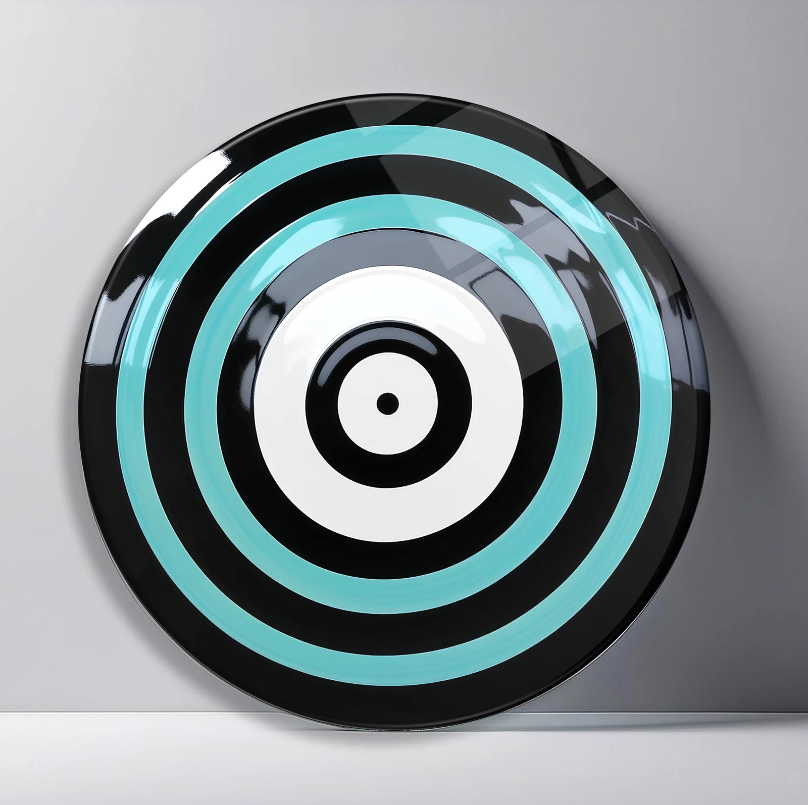 Turquoise Black Target Round Glass Wall Art featuring bold concentric turquoise, black, white, and gray rings