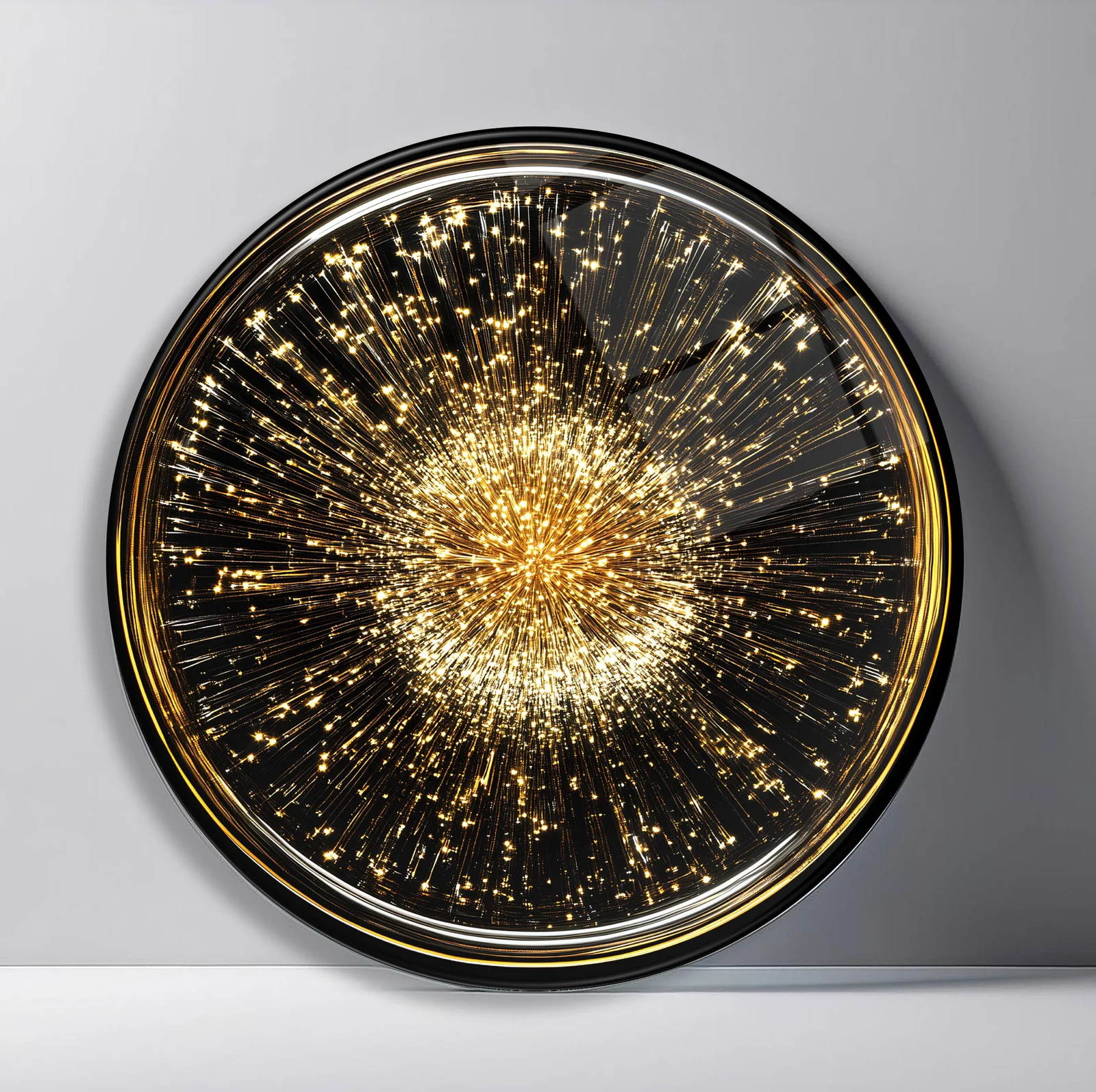 Golden Spark Explosion Round Glass Wall Art featuring thousands of fine gold light trails erupting across black