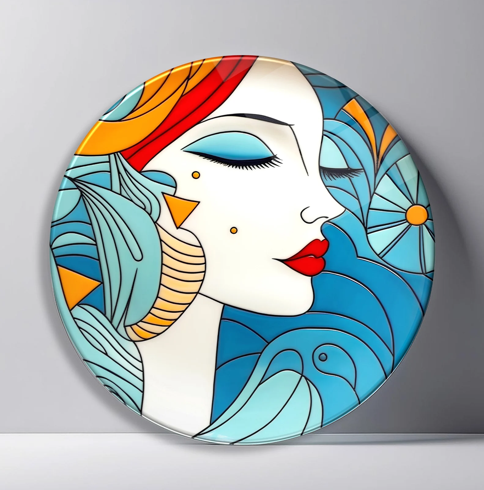 Modern Muse in Blue Round Glass Wall Art featuring stylized female profile with bold geometric hair and jewelry