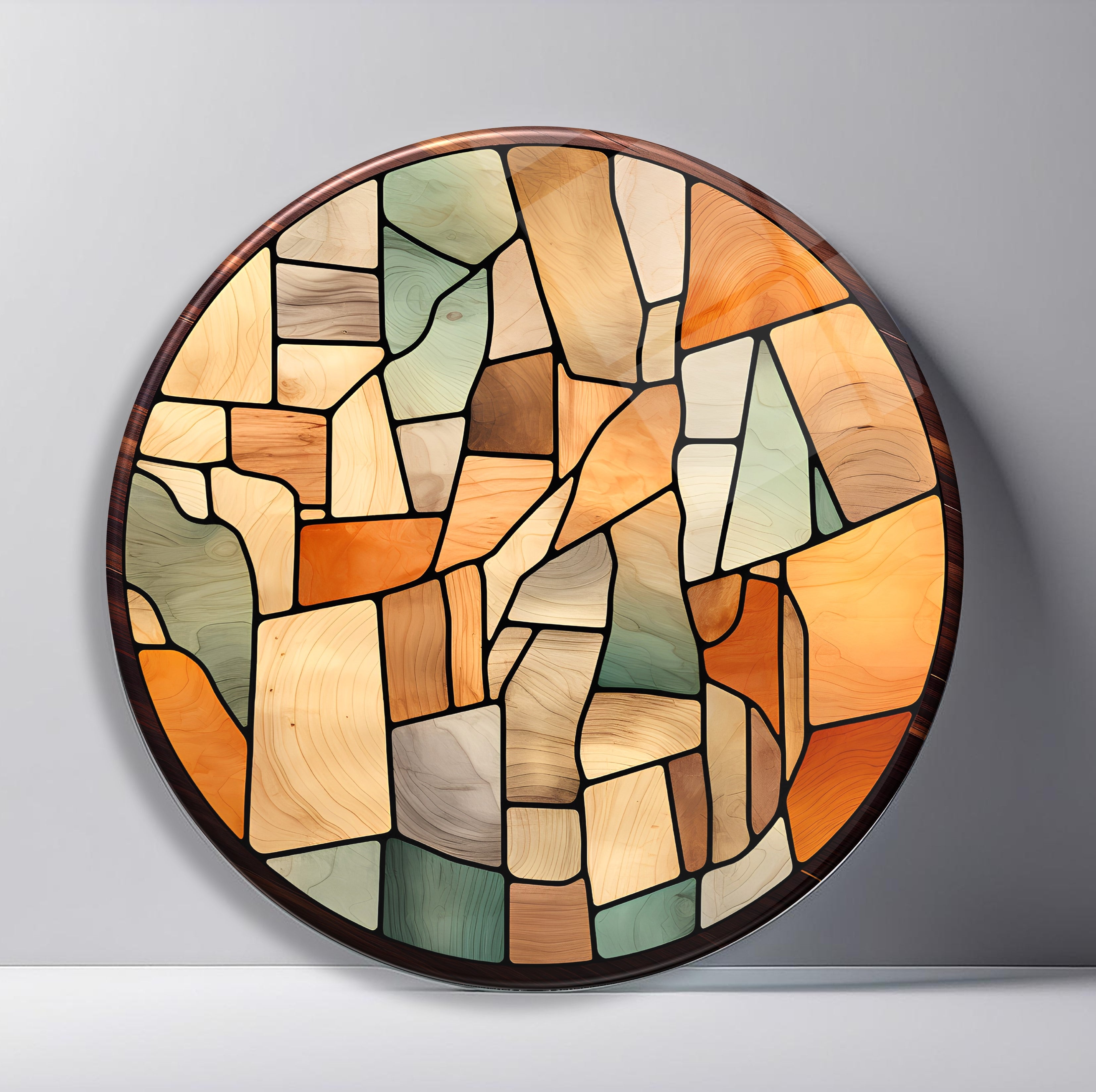Natural Wood Patchwork Round Glass Wall Art featuring irregular wood-grain blocks arranged like an earthy mosaic