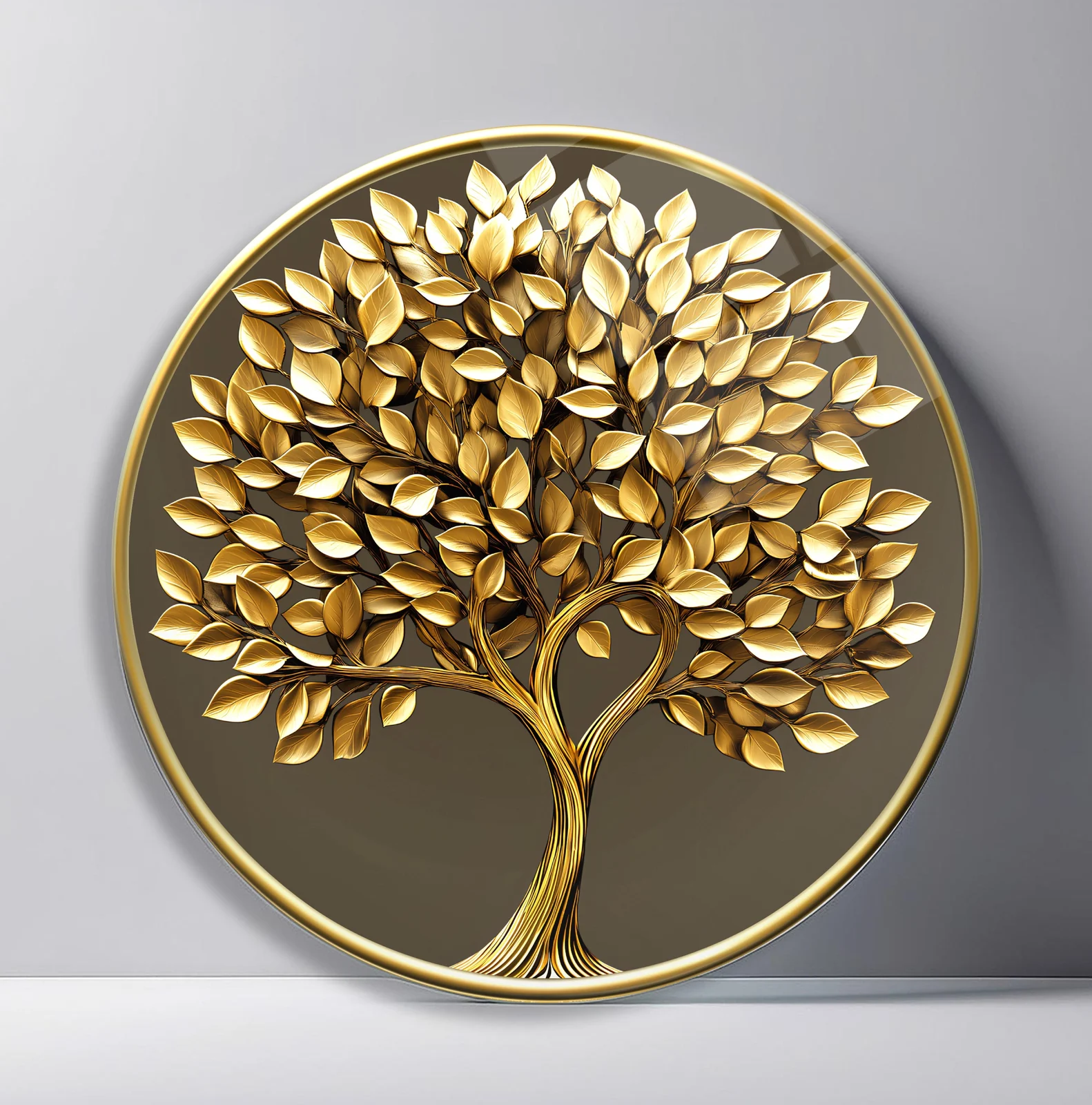 Golden Leaf Tree Round Glass Wall Art featuring sculptural gold tree with a dense canopy of metallic leaves