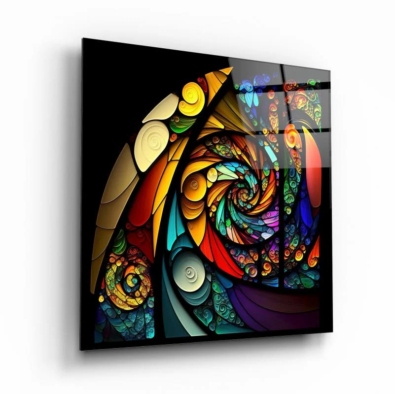 Rainbow Stained Glass Spiral Square Wall Art, front angled view