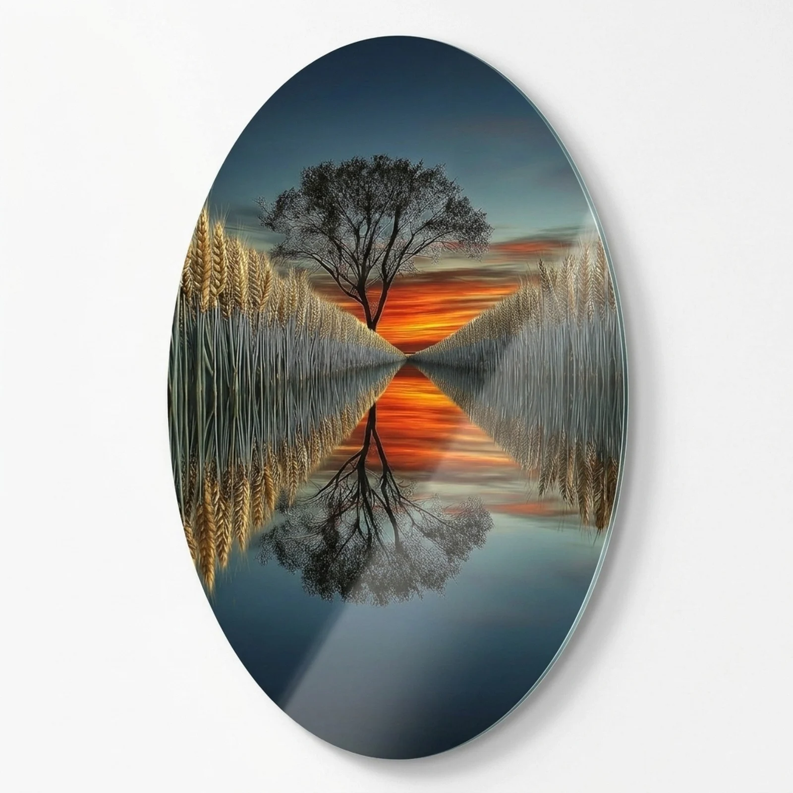Wheat Field and Reflected Tree Oval Glass Wall Art, front product view on a neutral background