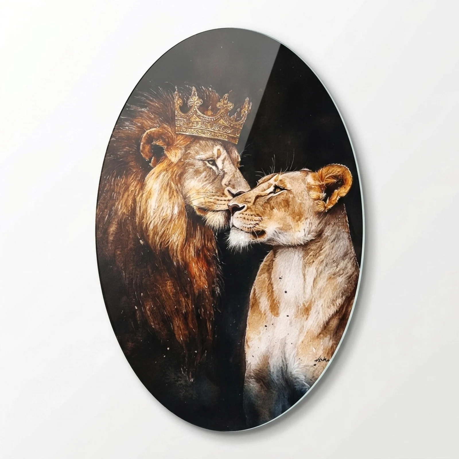 Lion and Lioness Couple Oval Glass Wall Art, front product view on a neutral background
