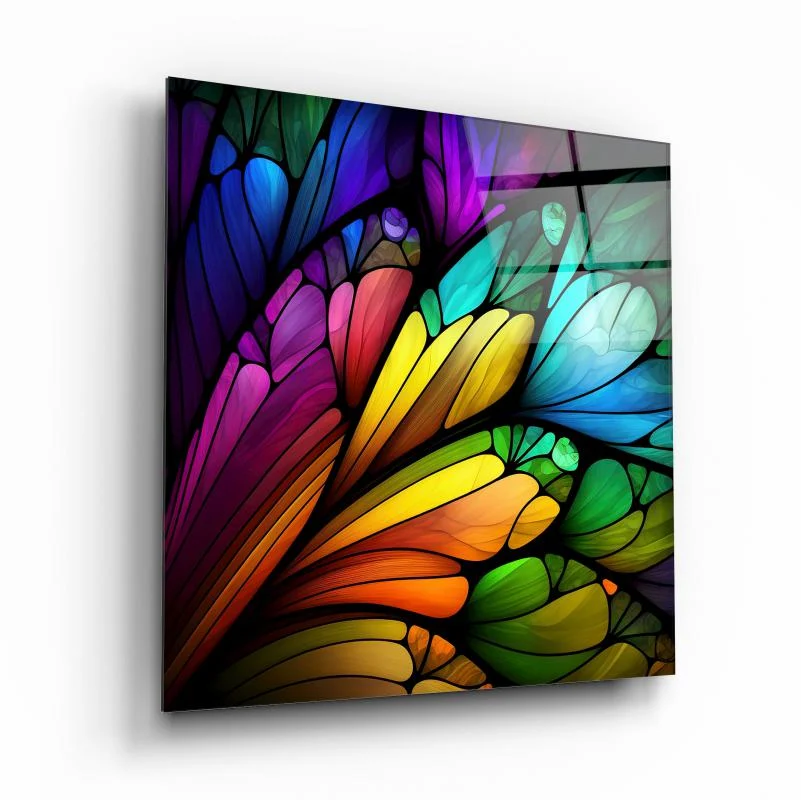 Rainbow Stained Glass Petals Square Wall Art, front angled view