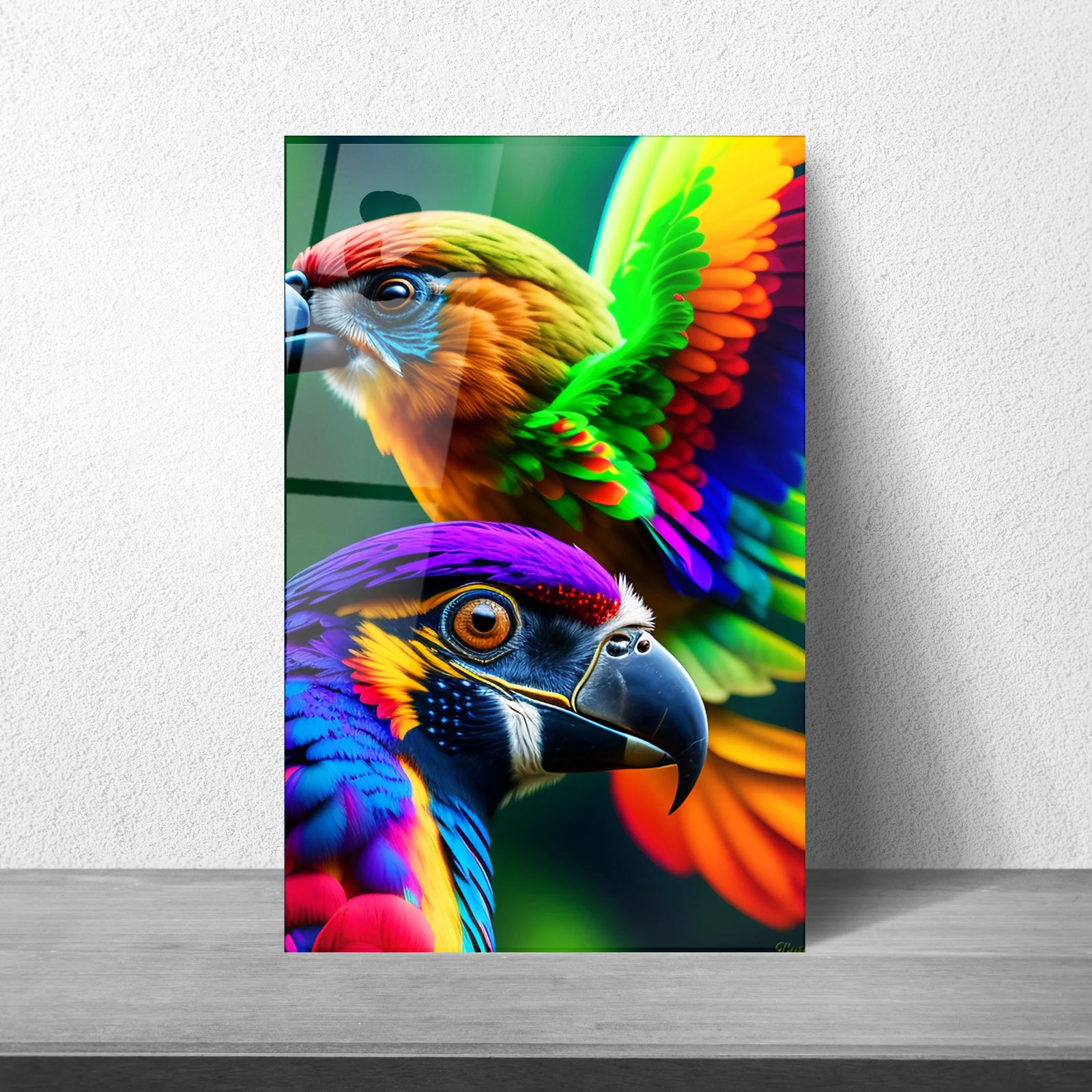 Colorful rainbow parrots glass wall art displayed above a sofa