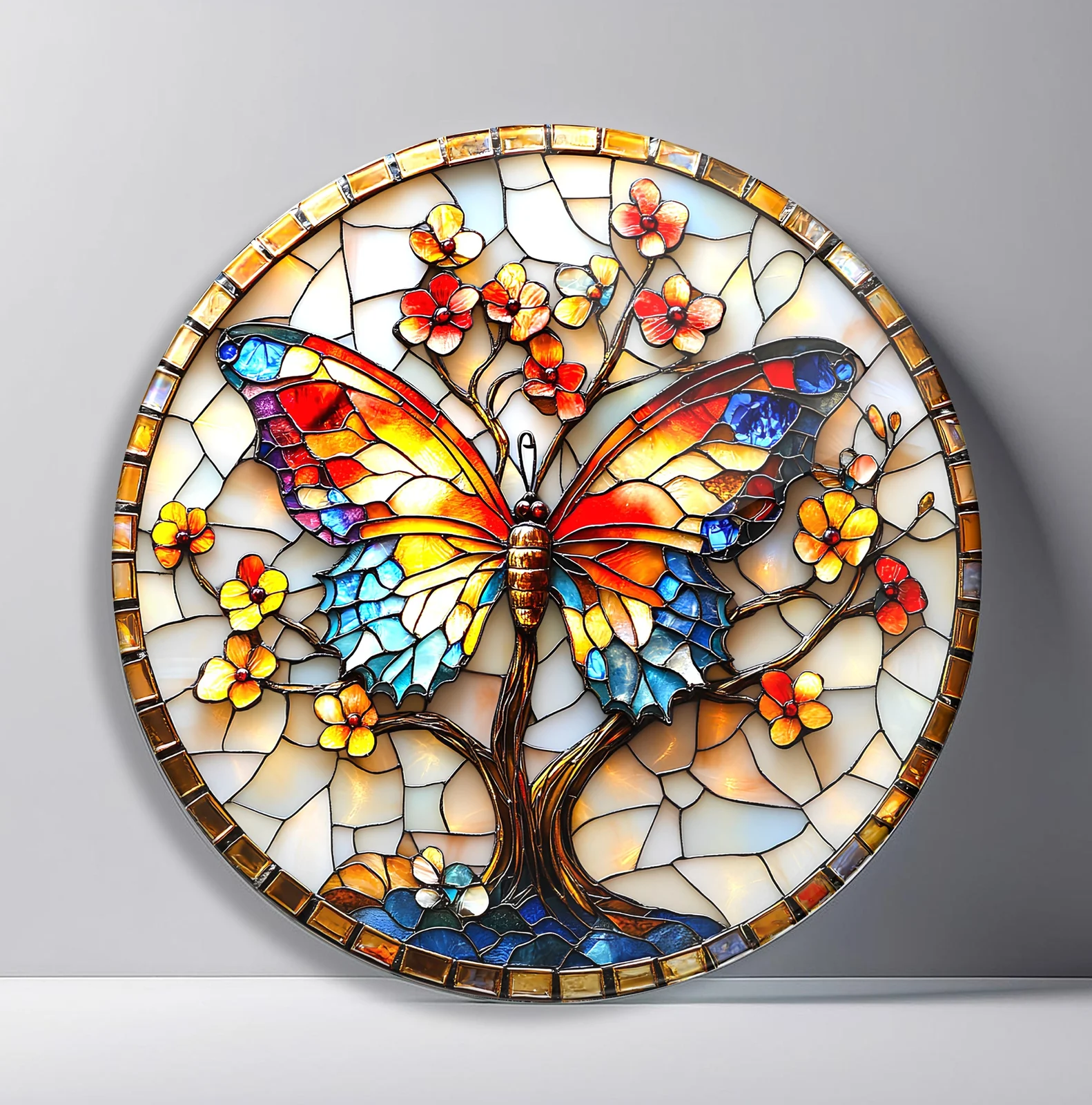 Rainbow Butterfly Blossom Round Glass Wall Art featuring colorful butterfly resting among delicate flowering branches