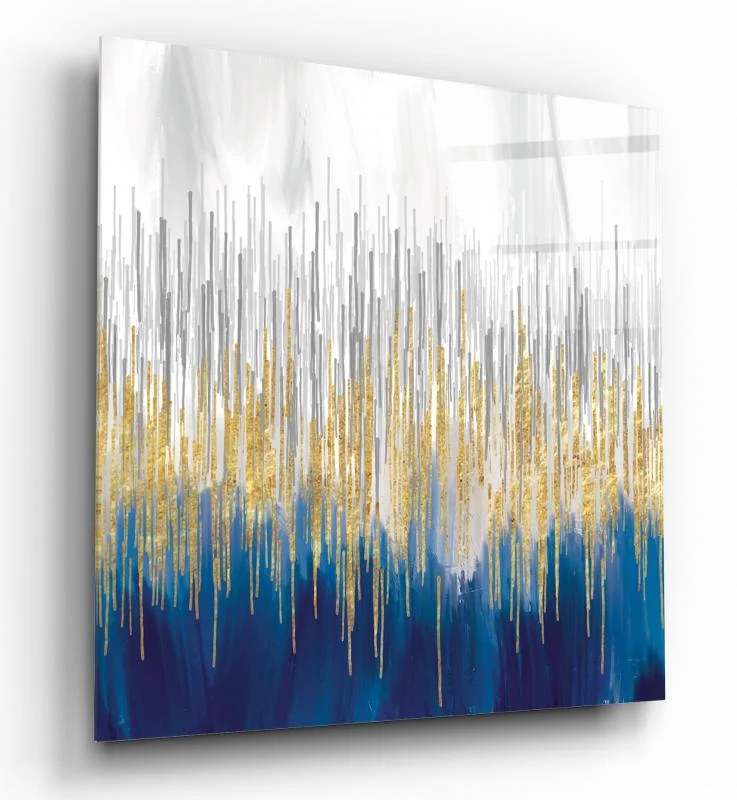 Blue and Gold Soundwave Square Glass Wall Art, front angled view