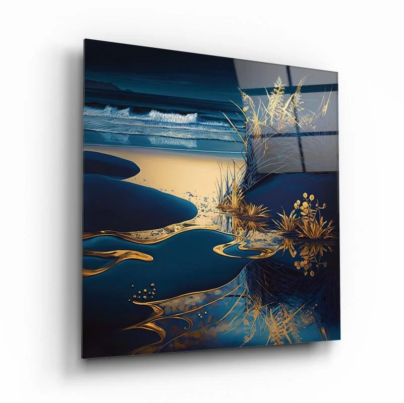 Midnight Blue Coastal Reeds Square Glass Wall Art, front angled view