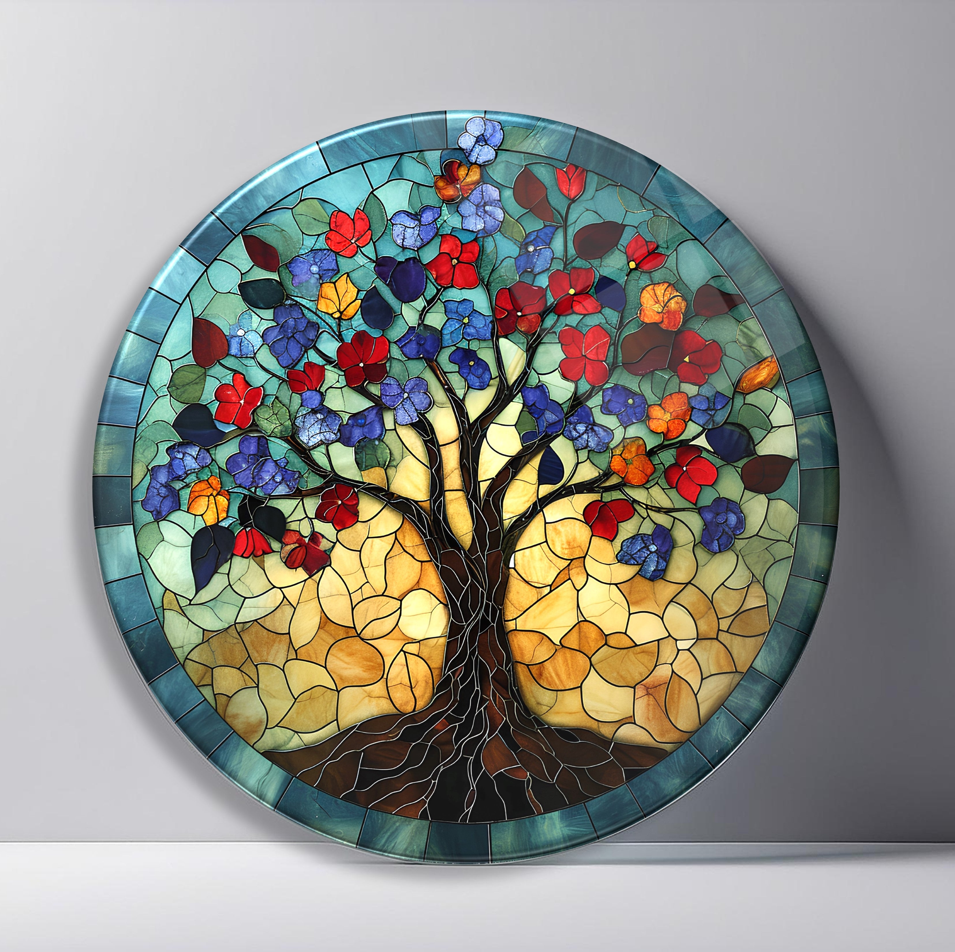 Blooming Mosaic Tree Round Glass Wall Art featuring branching tree filled with red, blue, purple, and orange flowers
