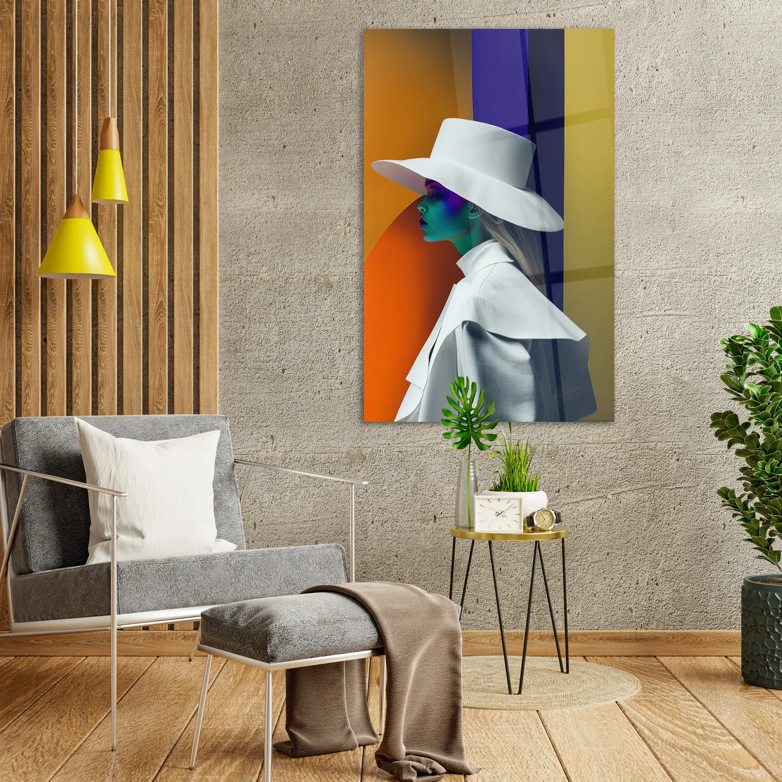 Geometric fashion portrait glass wall art shown in a modern living room