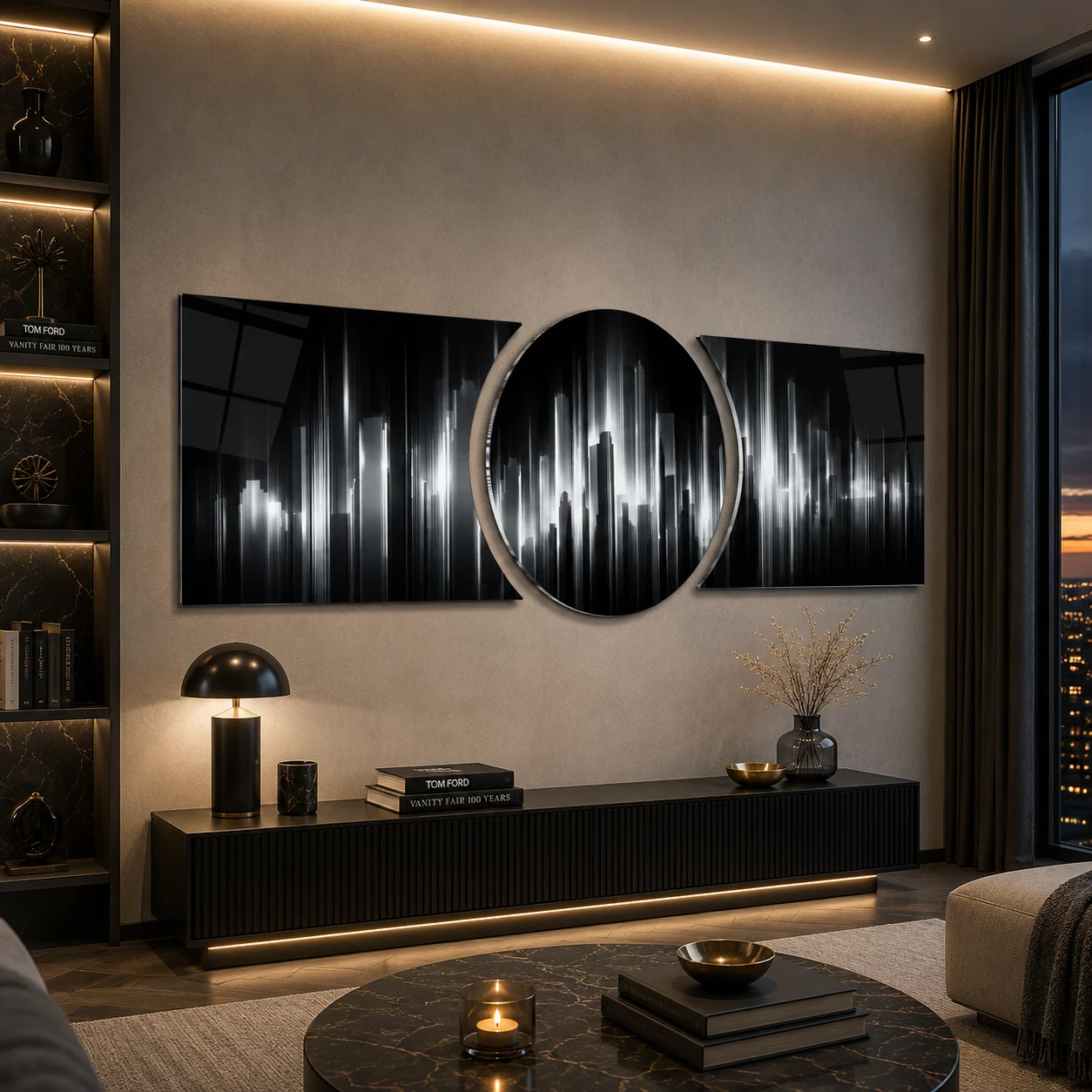Silver Soundwave Custom-Cut Three-Piece Glass Wall Art, displayed above a console in a warm modern living room