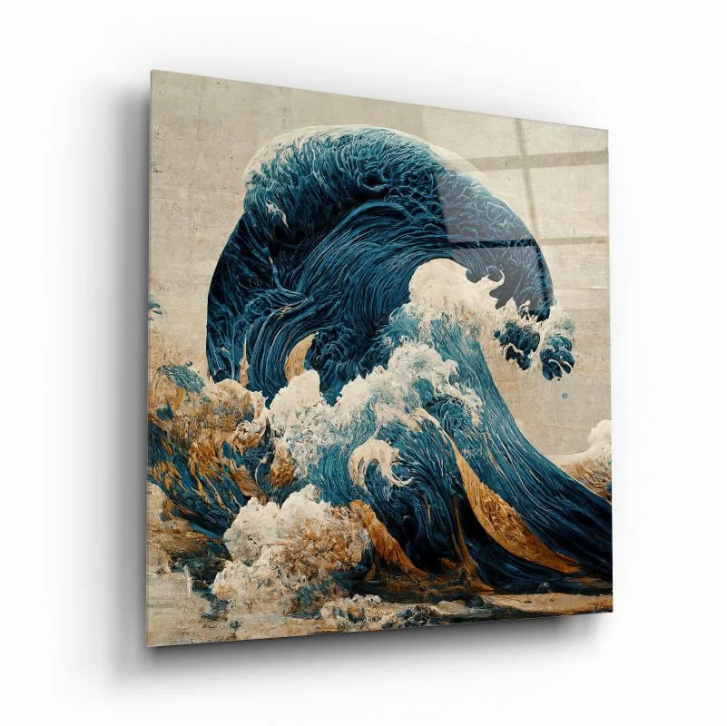 Great Blue Wave Square Glass Wall Art, front angled view
