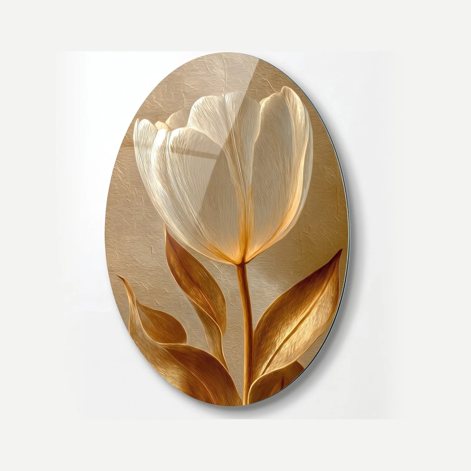 White Tulip with Gold Oval Glass Wall Art, front product view on a neutral background
