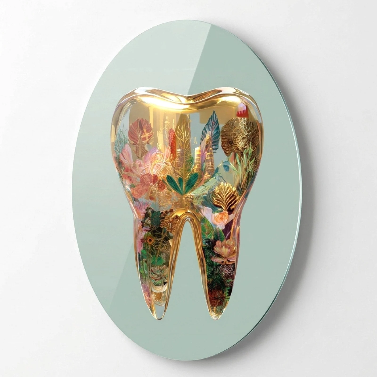 Golden Floral Tooth Oval Glass Wall Art, front product view on a neutral background