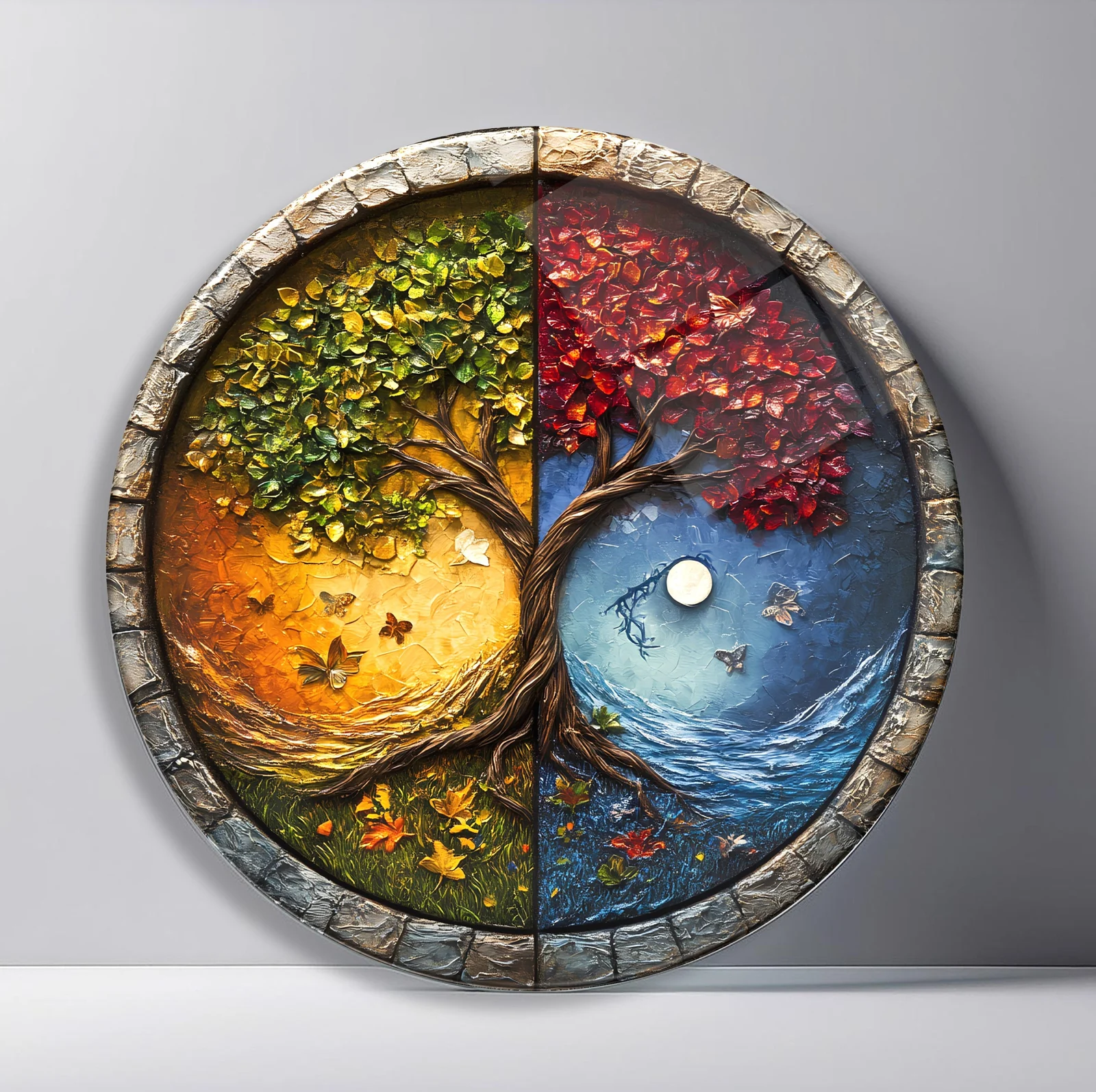 Four Seasons Moon Tree Round Glass Wall Art featuring single tree divided into four seasons with sun and moon landscapes
