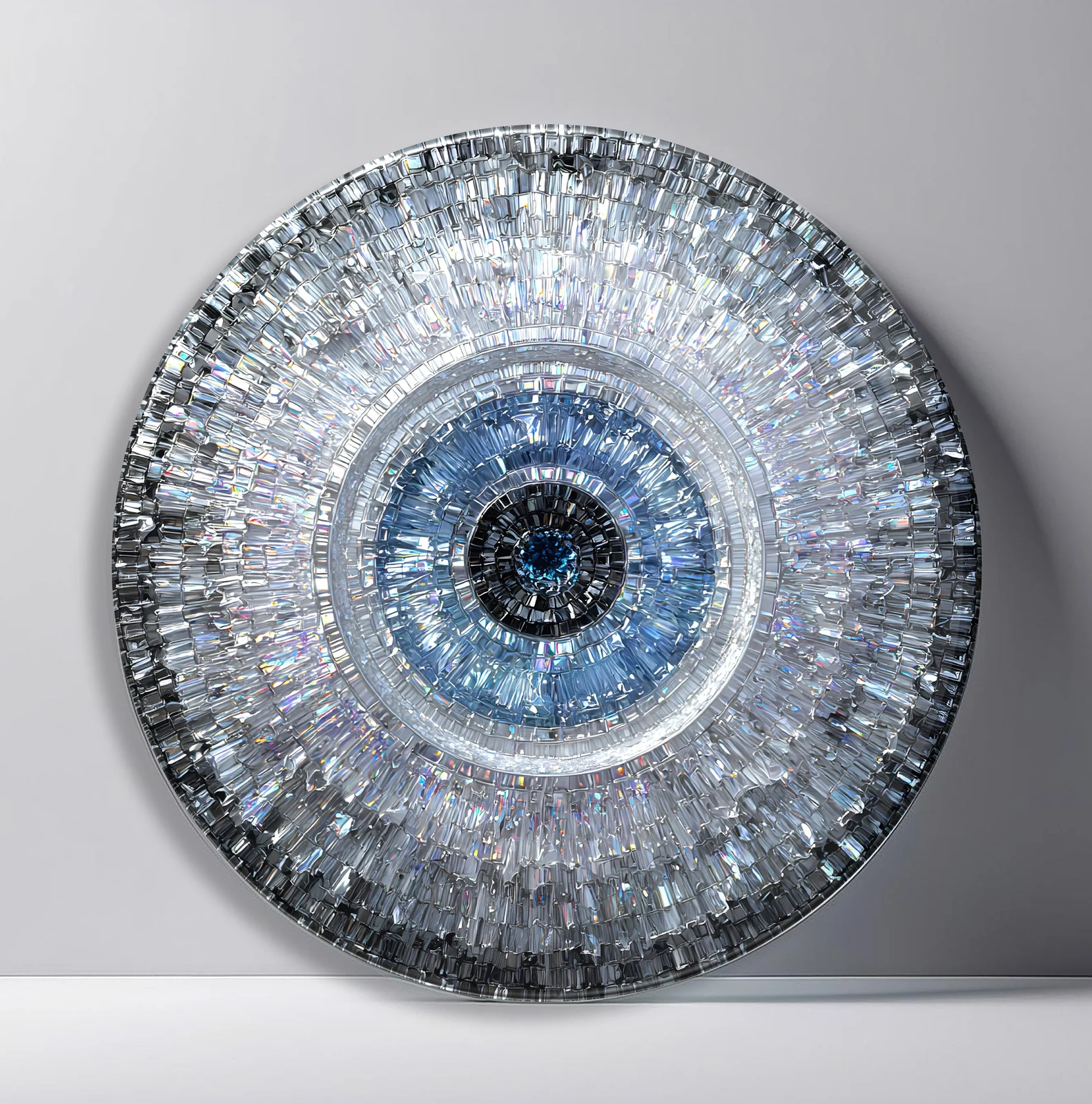 Icy Blue Crystal Halo Round Glass Wall Art featuring layers of clear silver crystals surrounding a cool blue core